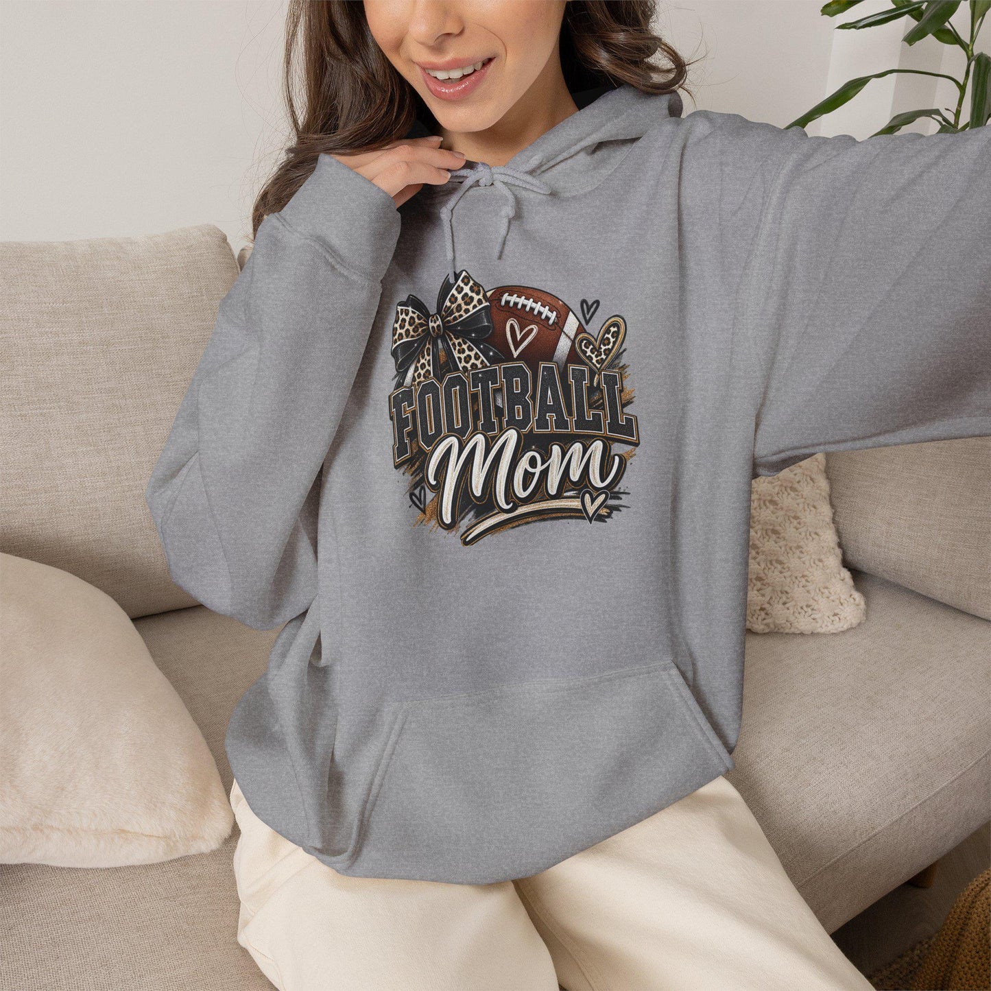 Football Mom Hoodie | Leopard Football Graphic, Paw Print Football Season Everyday Pullover, Female Woman, Streetwear Sweatshirt Apparel