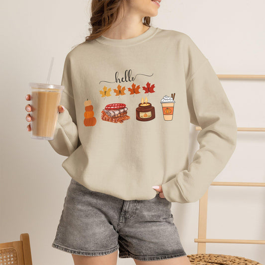 Hello Fall autumn leaves pumpkin pie latte sweater sweatshirt | Cozy comfortable cold weather season