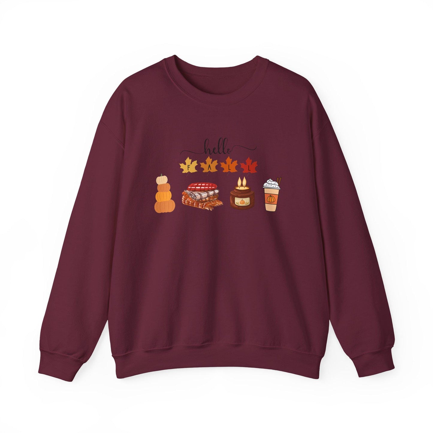 Hello Fall autumn leaves pumpkin pie latte sweater sweatshirt | Cozy comfortable cold weather season