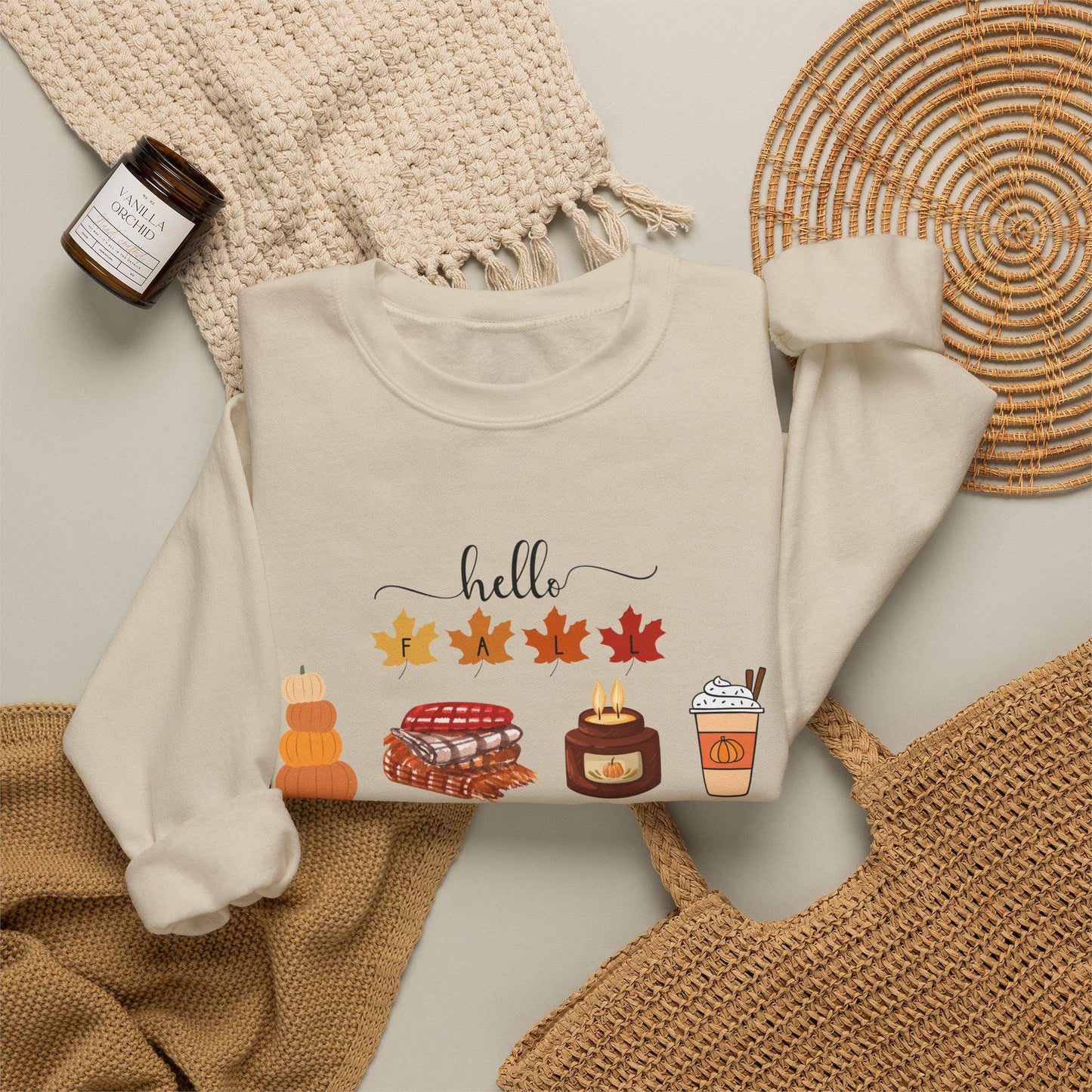 Hello Fall autumn leaves pumpkin pie latte sweater sweatshirt | Cozy comfortable cold weather season