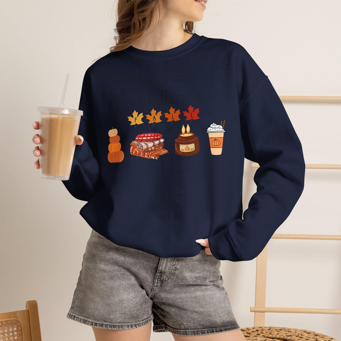 Hello Fall autumn leaves pumpkin pie latte sweater sweatshirt | Cozy comfortable cold weather season