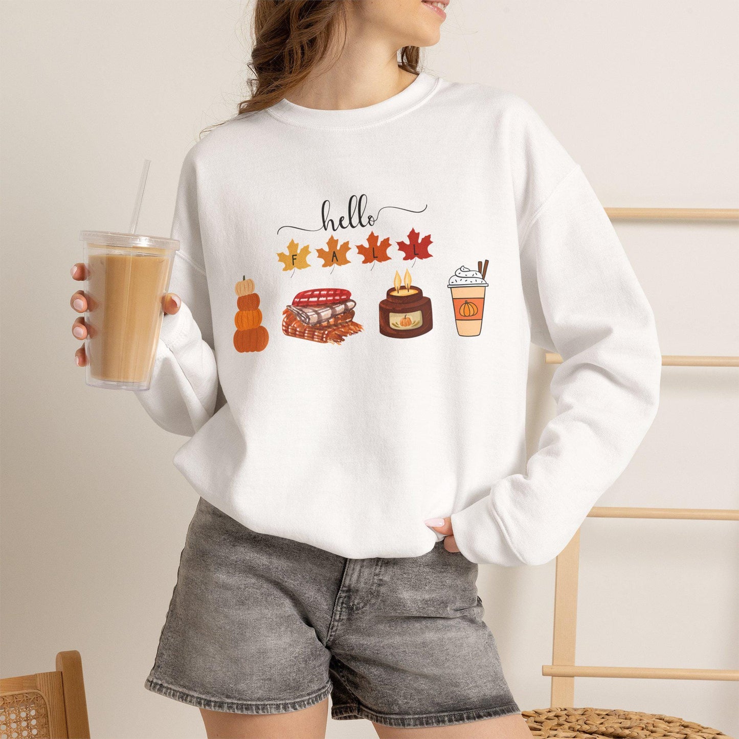 Hello Fall autumn leaves pumpkin pie latte sweater sweatshirt | Cozy comfortable cold weather season