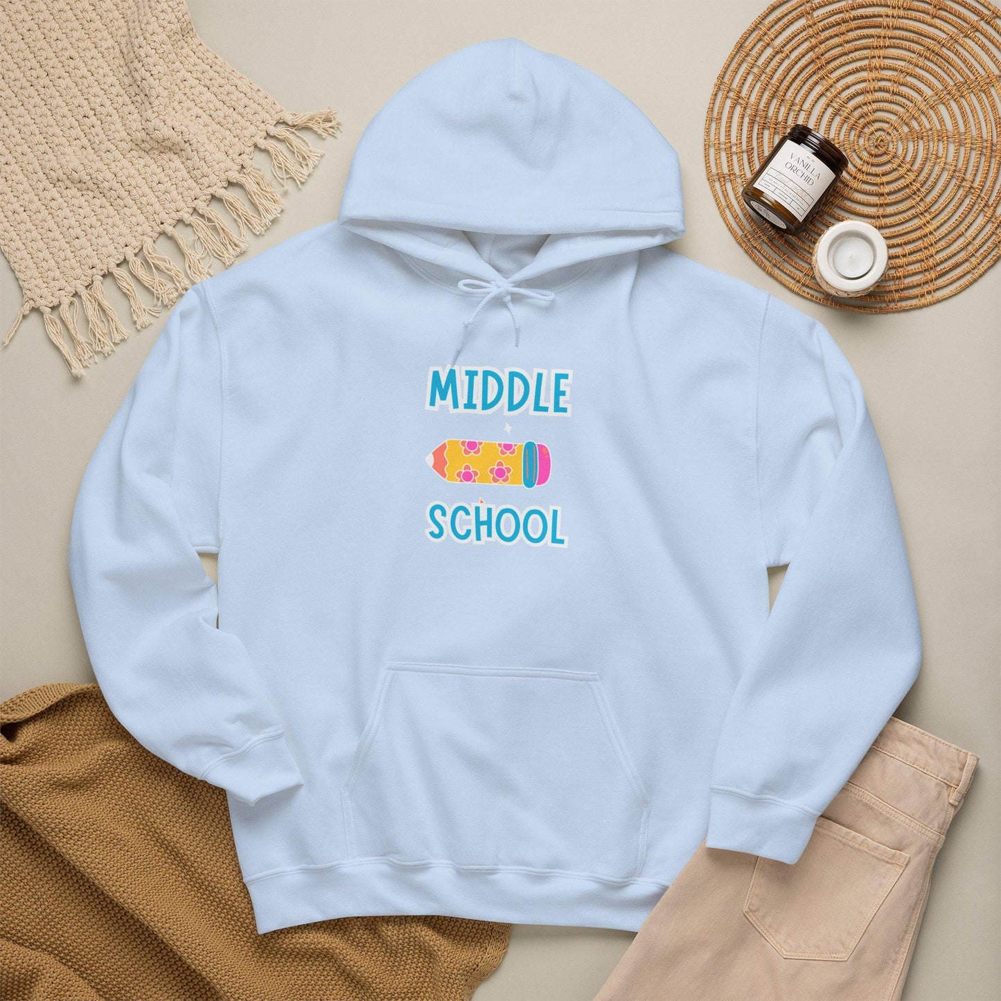 Middle School Pencil Hoodie Gifted | Cute School Supplies Graphic | Cozy Comfortable Pullover | Teen Warm Apparel with Pockets | Long sleeve