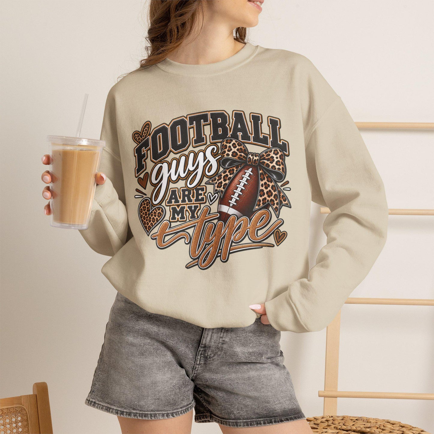 Women's Football Guys Are My Type sweatshirt | Football Heart Leopard Print Pullover, Mom Female Game Season Apparel, Football Shirt Top