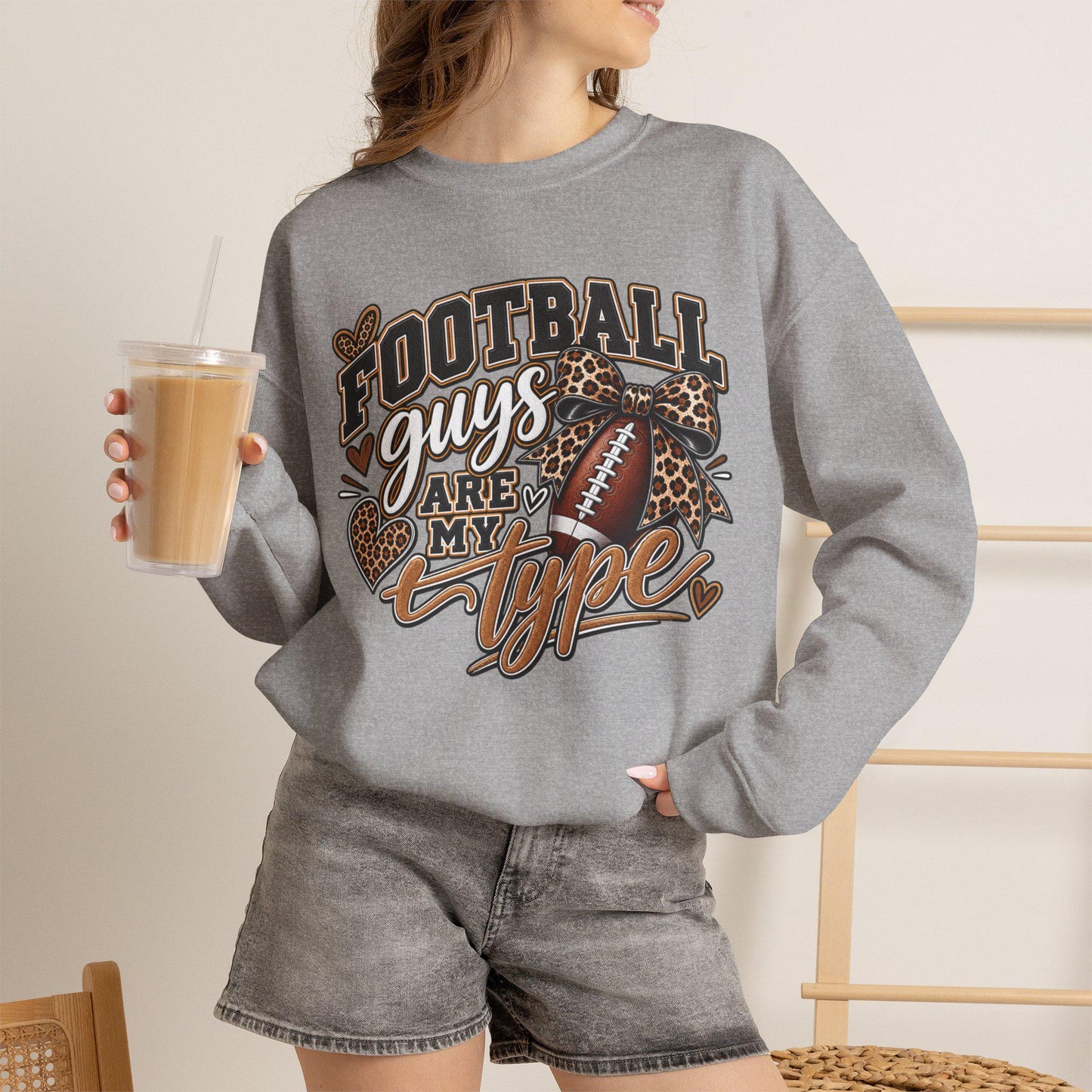 Women's Football Guys Are My Type sweatshirt | Football Heart Leopard Print Pullover, Mom Female Game Season Apparel, Football Shirt Top