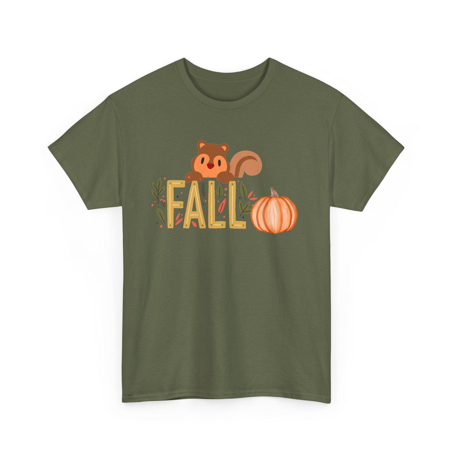 Fall Squirrel Tee, Pumpkin, Autumn Leaves, Cute Woodland Design, Pumpkin Season Apparel, Female Cozy, Women CrewneckVibe, Comfortable Attire