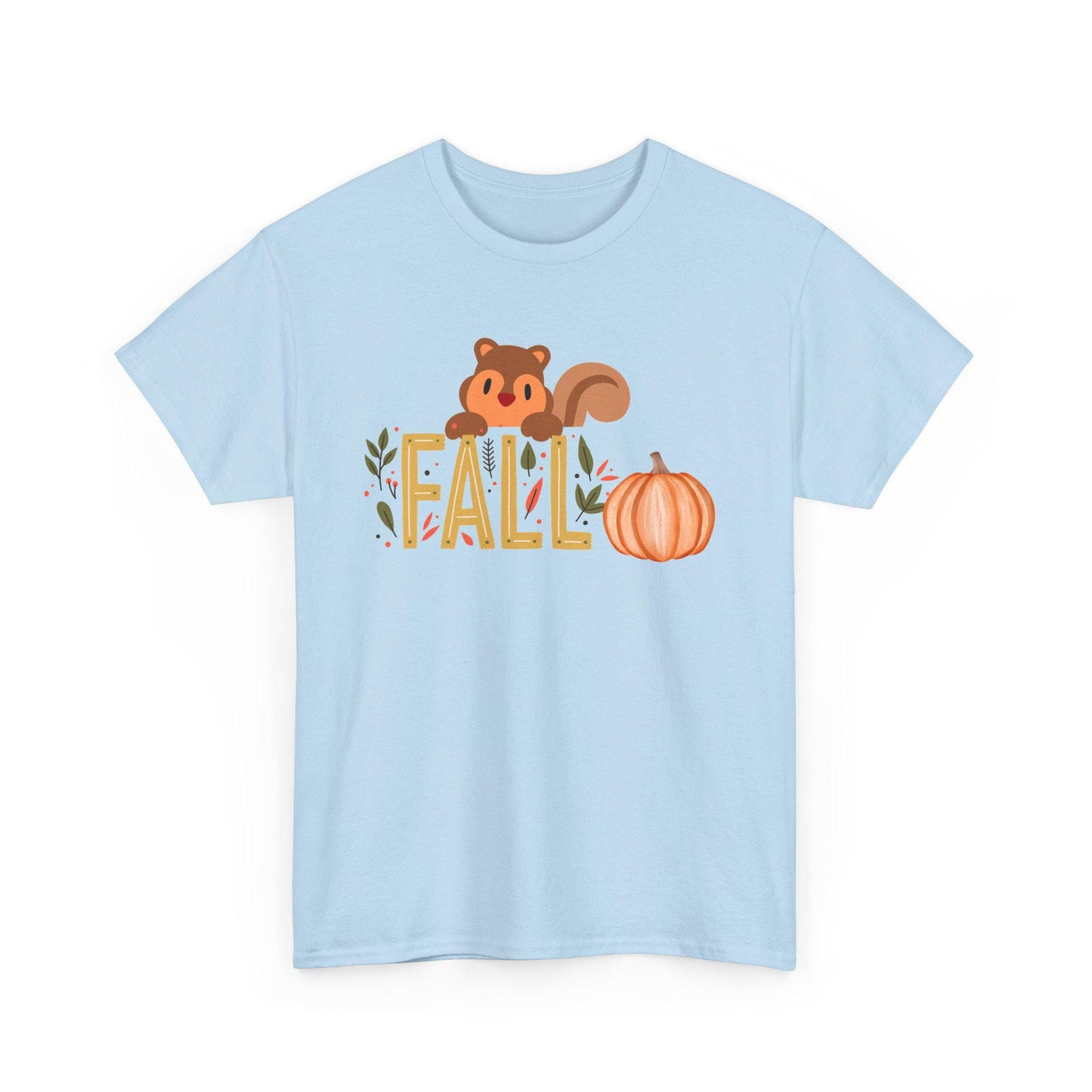 Fall Squirrel Tee, Pumpkin, Autumn Leaves, Cute Woodland Design, Pumpkin Season Apparel, Female Cozy, Women CrewneckVibe, Comfortable Attire