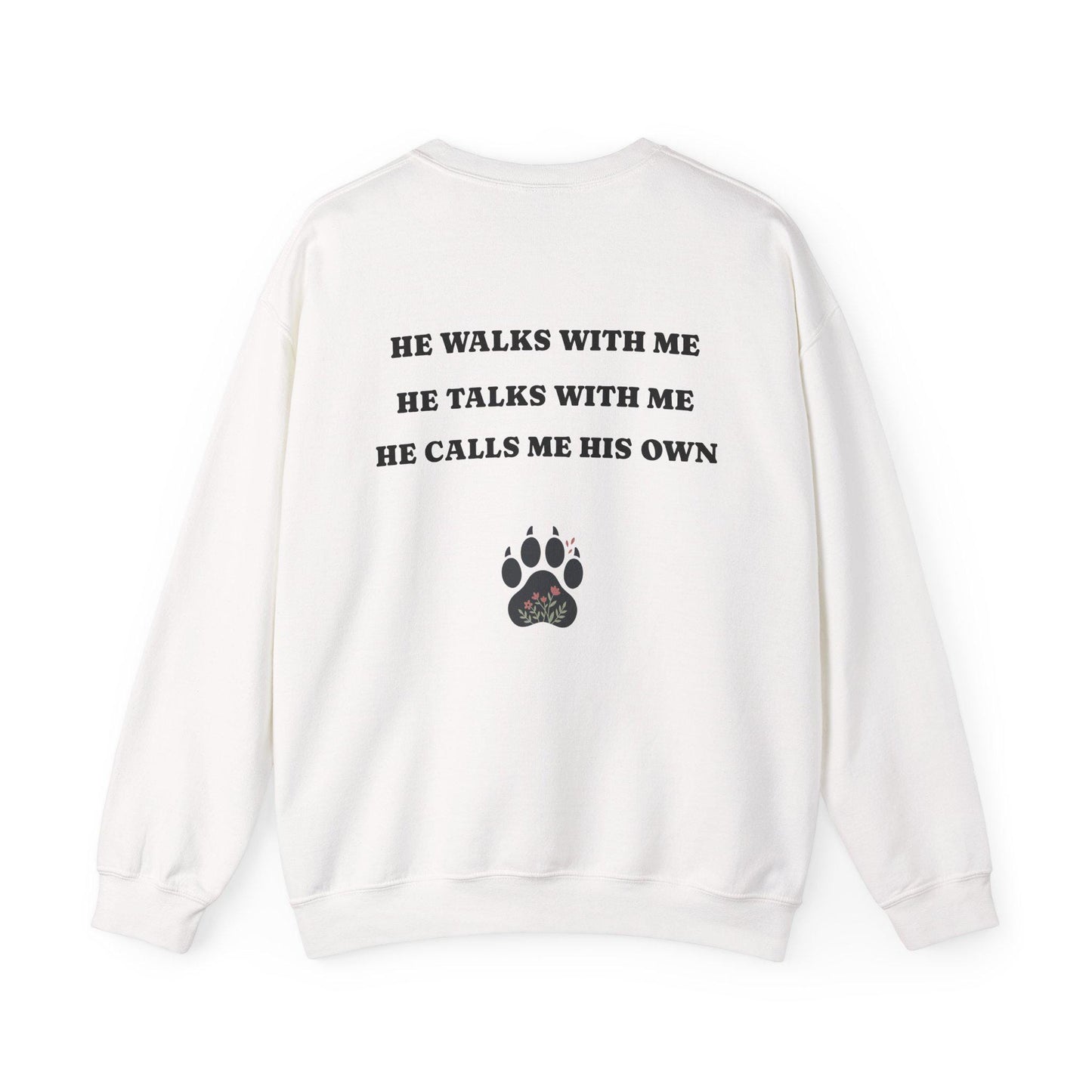Women's Crewneck Sweatshirt, Wholeness Bear Graphic with Back Text "He Walks with Me", Christian Apparel, Christ Cozy Attire, Bible Theme
