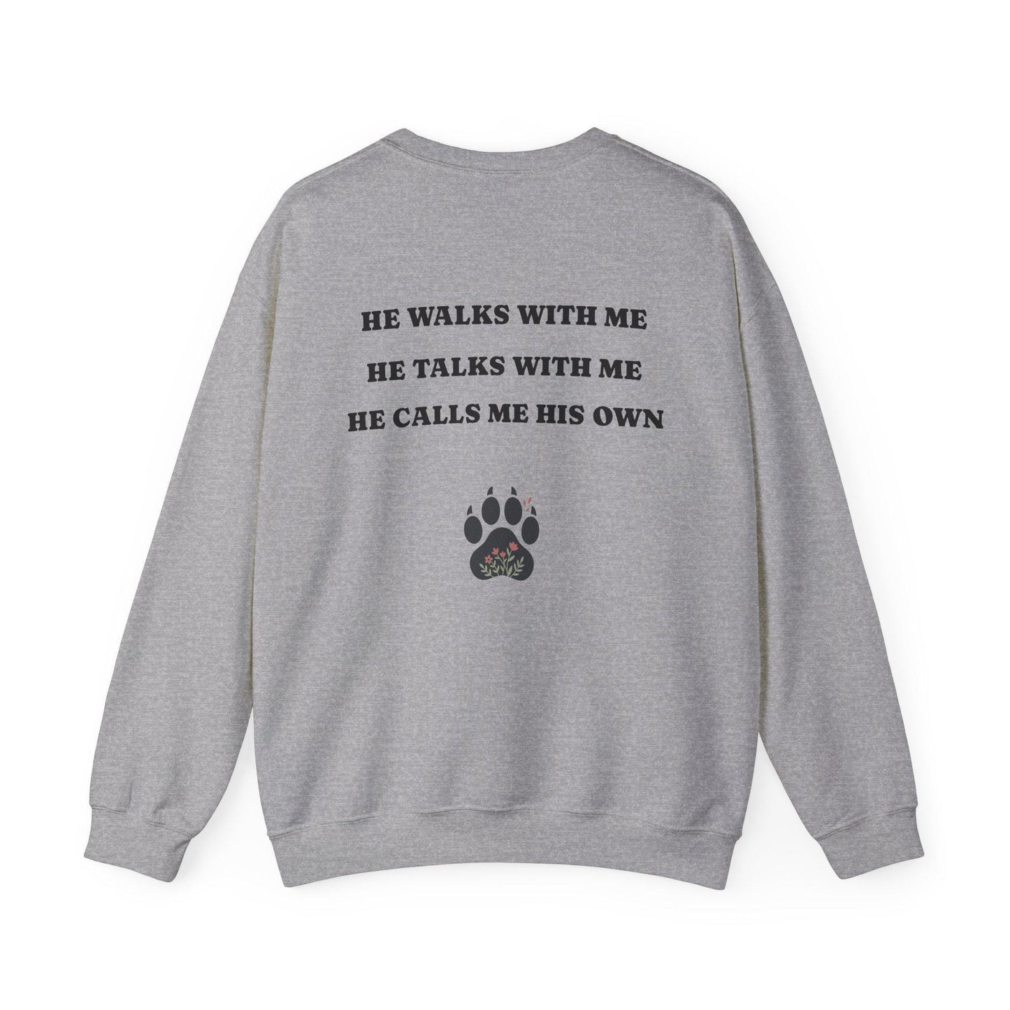 Women's Crewneck Sweatshirt, Wholeness Bear Graphic with Back Text "He Walks with Me", Christian Apparel, Christ Cozy Attire, Bible Theme