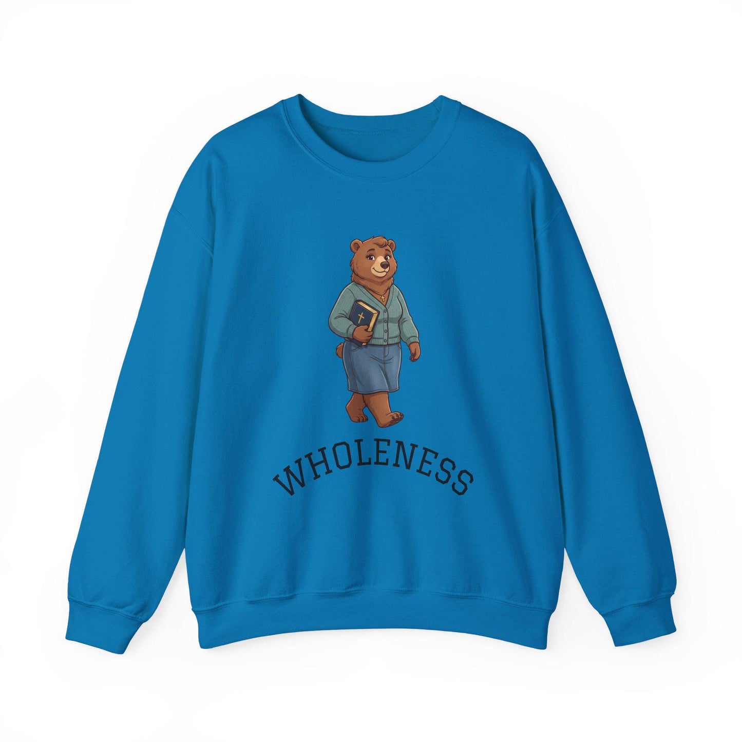 Women's Crewneck Sweatshirt, Wholeness Bear Graphic with Back Text "He Walks with Me", Christian Apparel, Christ Cozy Attire, Bible Theme