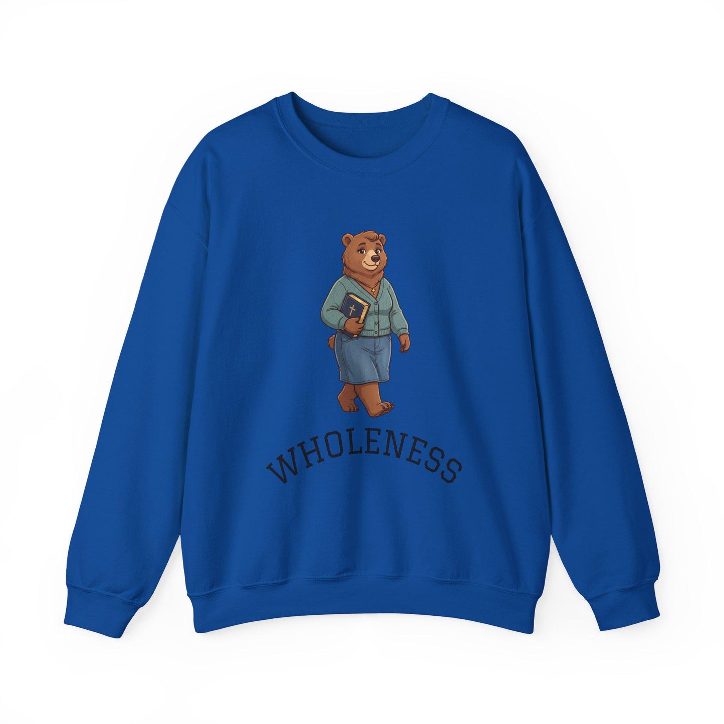 Women's Crewneck Sweatshirt, Wholeness Bear Graphic with Back Text "He Walks with Me", Christian Apparel, Christ Cozy Attire, Bible Theme