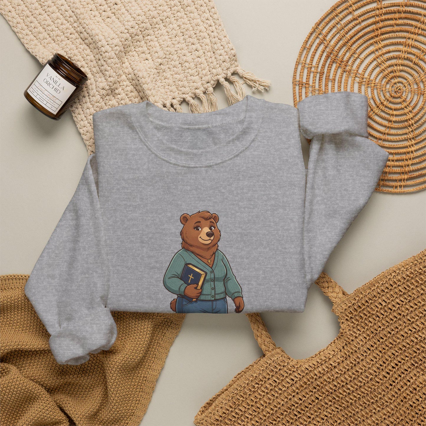 Women's Crewneck Sweatshirt, Wholeness Bear Graphic with Back Text "He Walks with Me", Christian Apparel, Christ Cozy Attire, Bible Theme