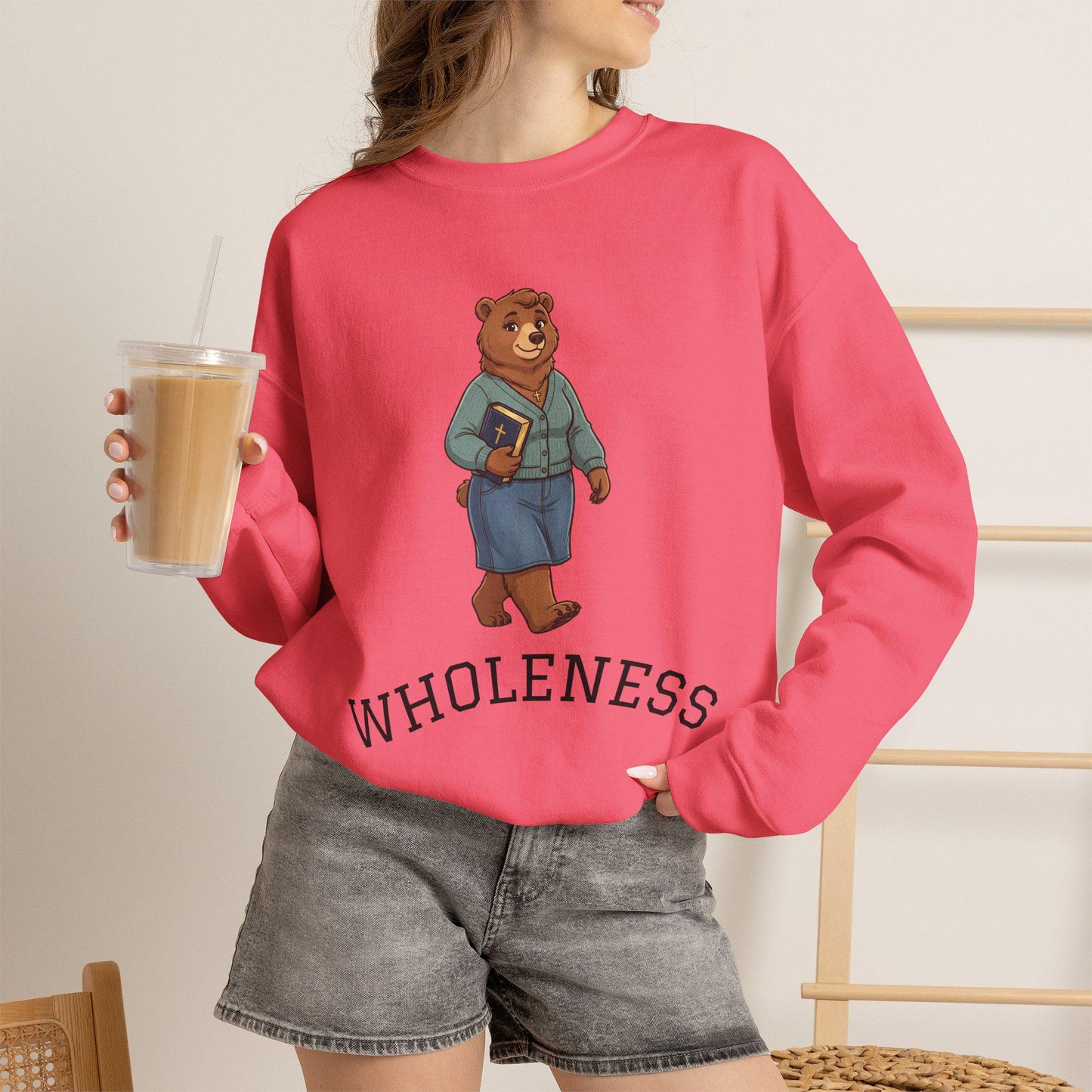 Women's Crewneck Sweatshirt, Wholeness Bear Graphic with Back Text "He Walks with Me", Christian Apparel, Christ Cozy Attire, Bible Theme