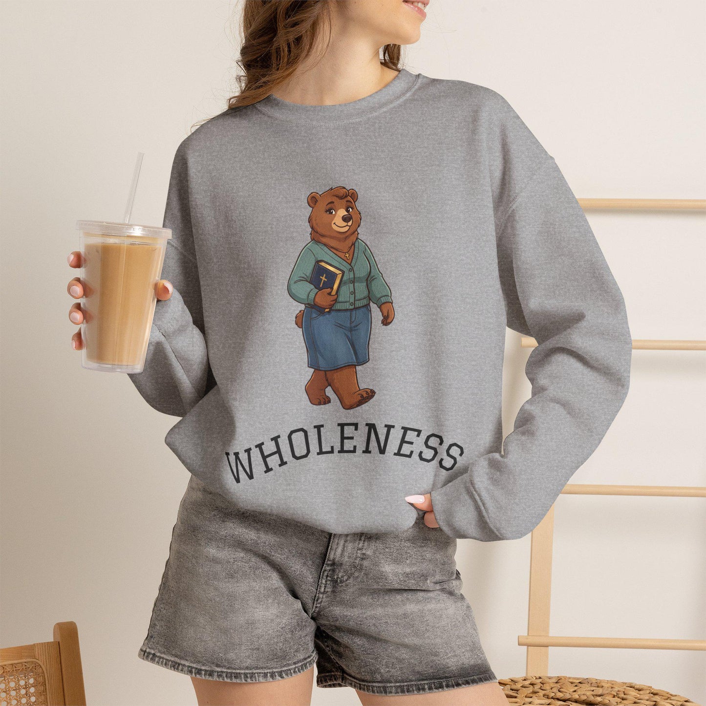 Women's Crewneck Sweatshirt, Wholeness Bear Graphic with Back Text "He Walks with Me", Christian Apparel, Christ Cozy Attire, Bible Theme