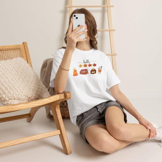 Hello Autumn Icons Tee, Pumpkin Pie, Maple Leaves, Hot Drink TShirt, Short Sleeve Female Top, Harvest Season Comfortable Cozy Fall Wear