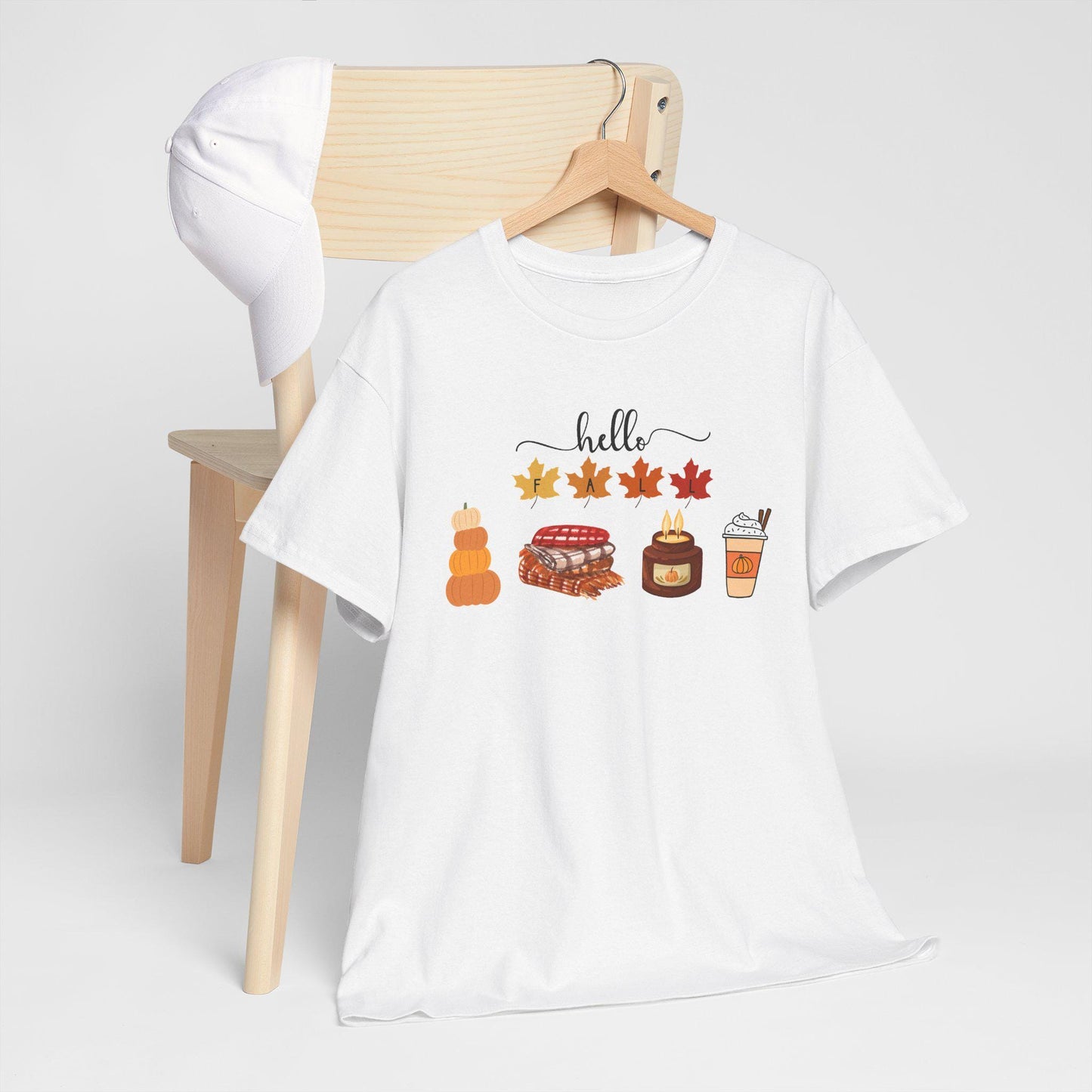 Hello Autumn Icons Tee, Pumpkin Pie, Maple Leaves, Hot Drink TShirt, Short Sleeve Female Top, Harvest Season Comfortable Cozy Fall Wear