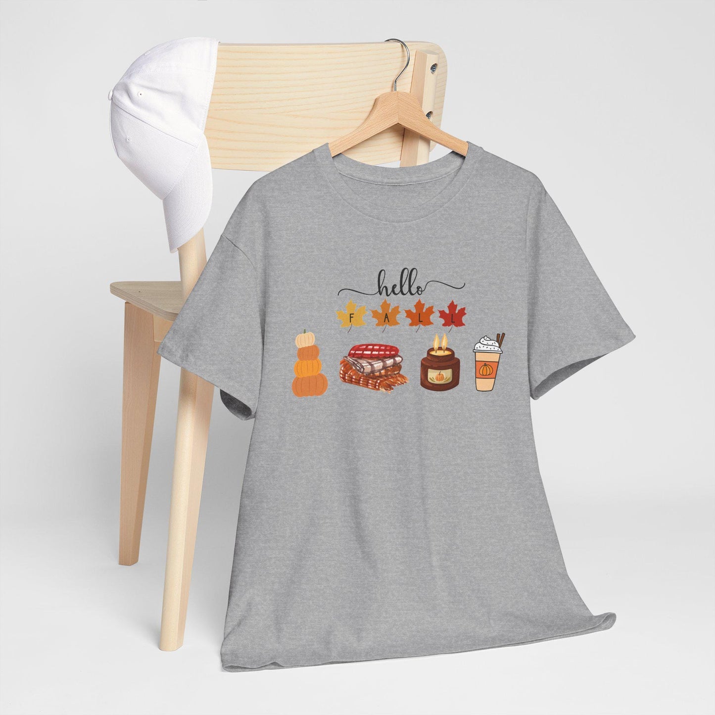 Hello Autumn Icons Tee, Pumpkin Pie, Maple Leaves, Hot Drink TShirt, Short Sleeve Female Top, Harvest Season Comfortable Cozy Fall Wear