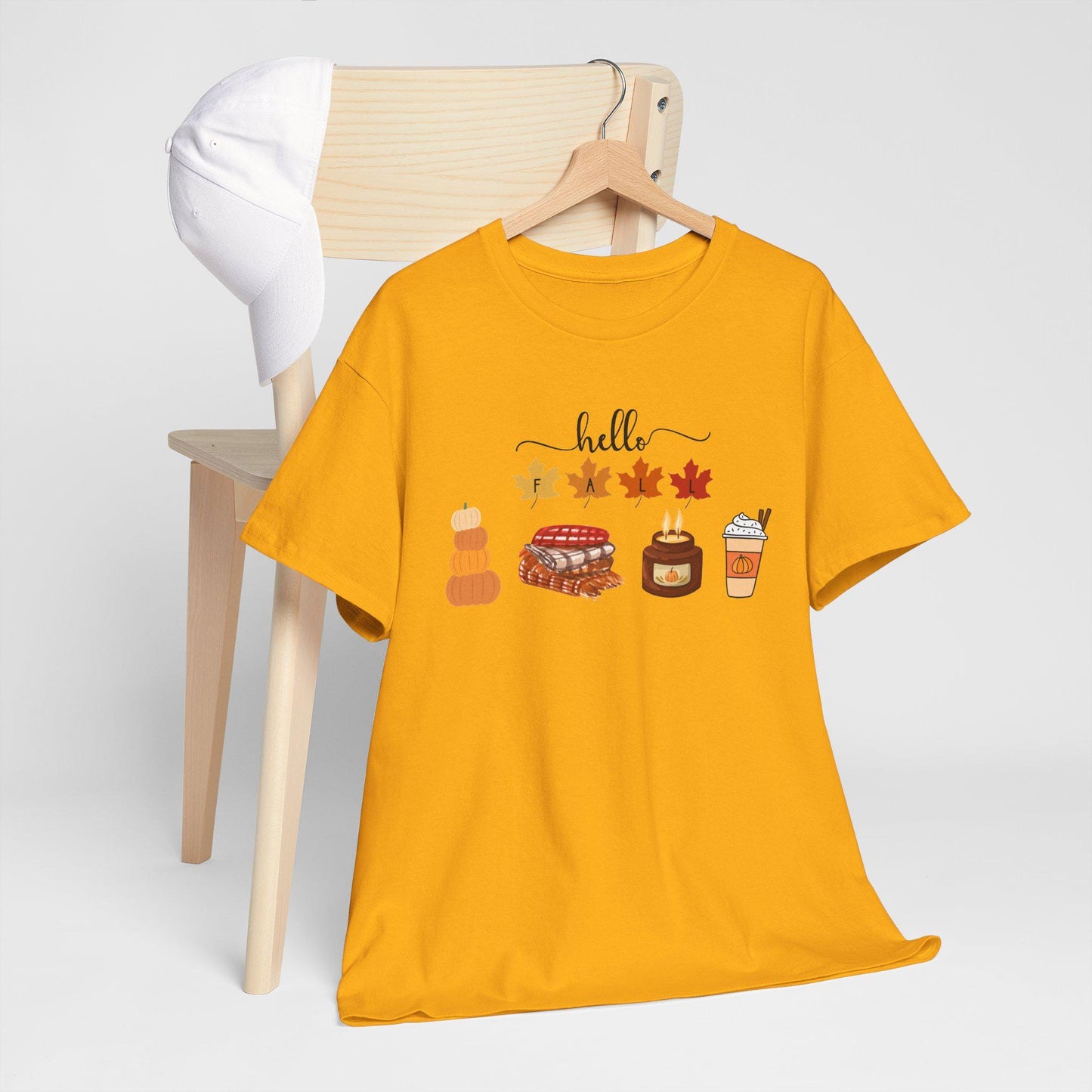 Hello Autumn Icons Tee, Pumpkin Pie, Maple Leaves, Hot Drink TShirt, Short Sleeve Female Top, Harvest Season Comfortable Cozy Fall Wear