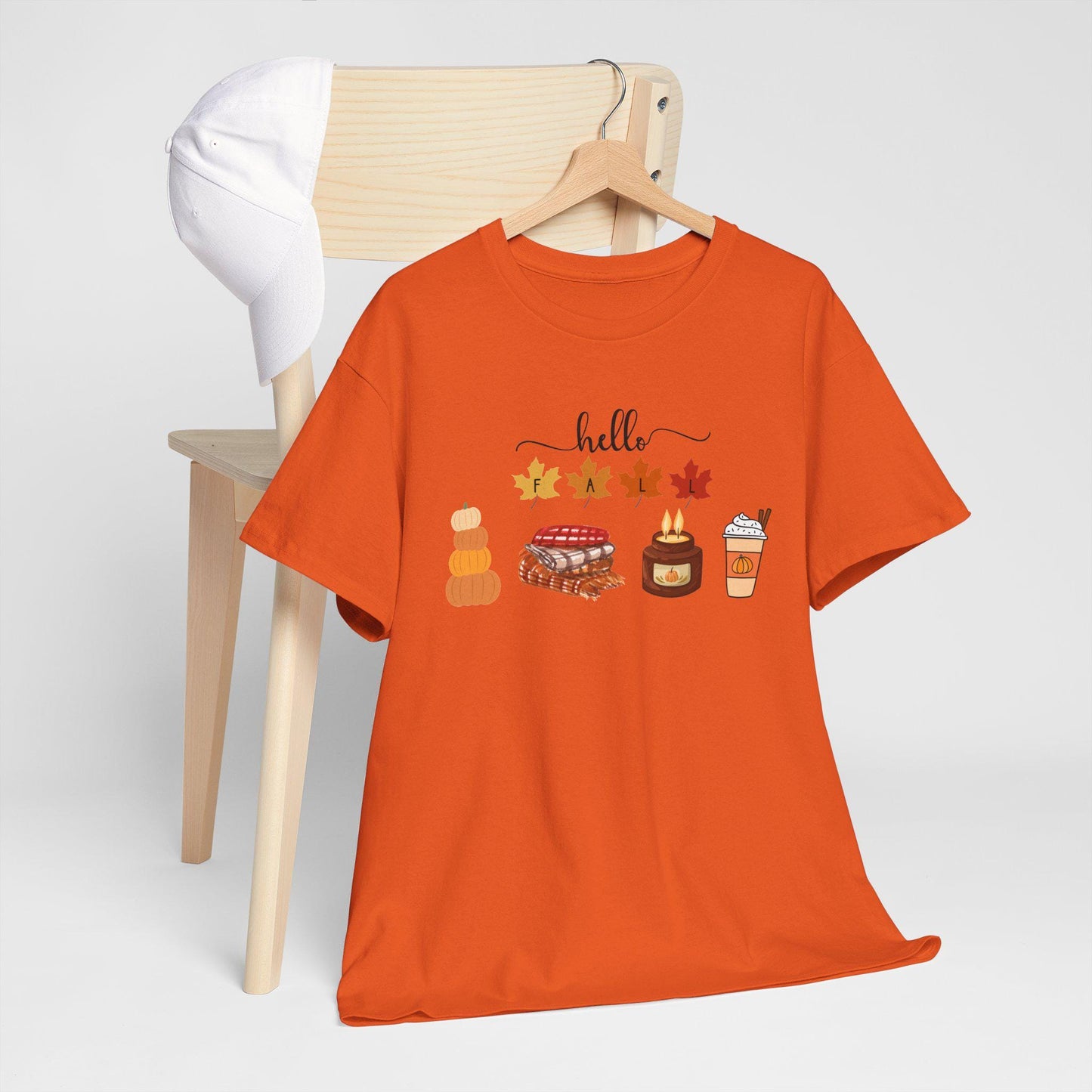 Hello Autumn Icons Tee, Pumpkin Pie, Maple Leaves, Hot Drink TShirt, Short Sleeve Female Top, Harvest Season Comfortable Cozy Fall Wear