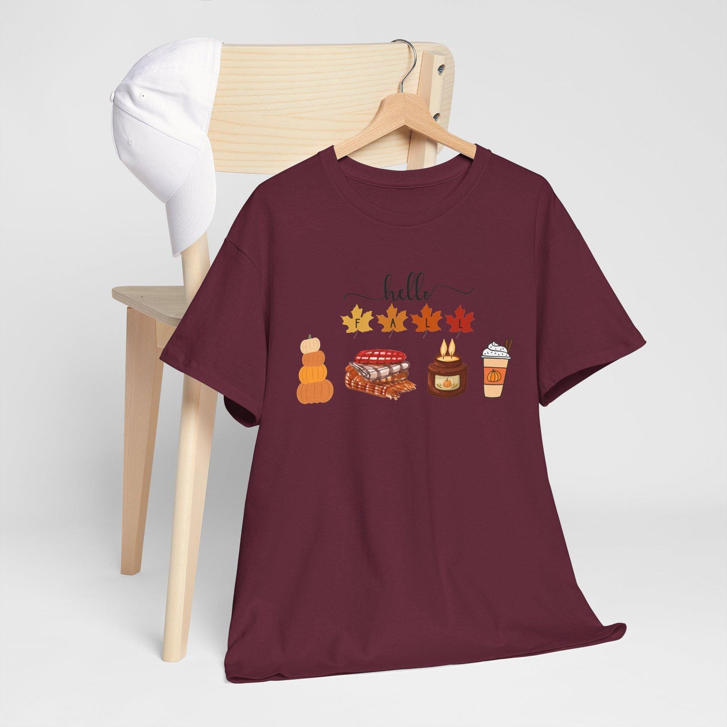 Hello Autumn Icons Tee, Pumpkin Pie, Maple Leaves, Hot Drink TShirt, Short Sleeve Female Top, Harvest Season Comfortable Cozy Fall Wear