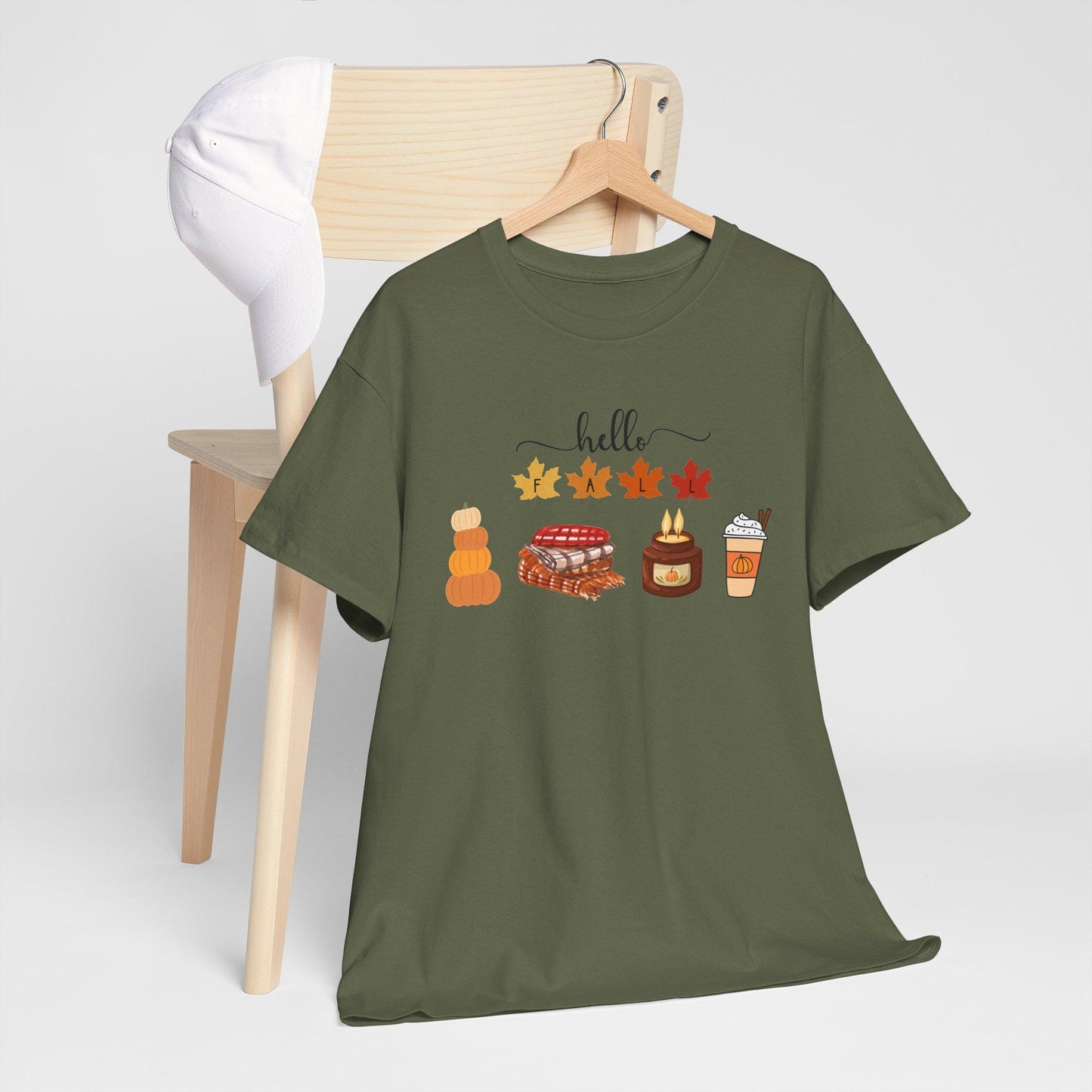 Hello Autumn Icons Tee, Pumpkin Pie, Maple Leaves, Hot Drink TShirt, Short Sleeve Female Top, Harvest Season Comfortable Cozy Fall Wear