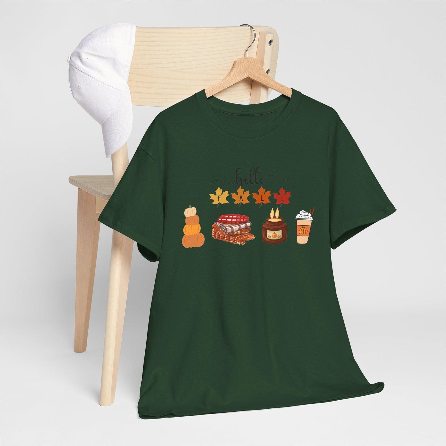 Hello Autumn Icons Tee, Pumpkin Pie, Maple Leaves, Hot Drink TShirt, Short Sleeve Female Top, Harvest Season Comfortable Cozy Fall Wear