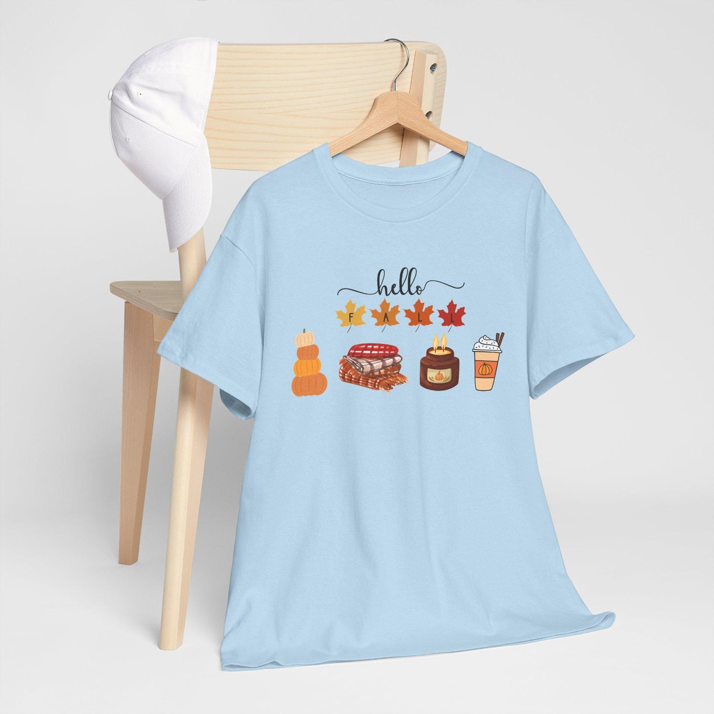 Hello Autumn Icons Tee, Pumpkin Pie, Maple Leaves, Hot Drink TShirt, Short Sleeve Female Top, Harvest Season Comfortable Cozy Fall Wear