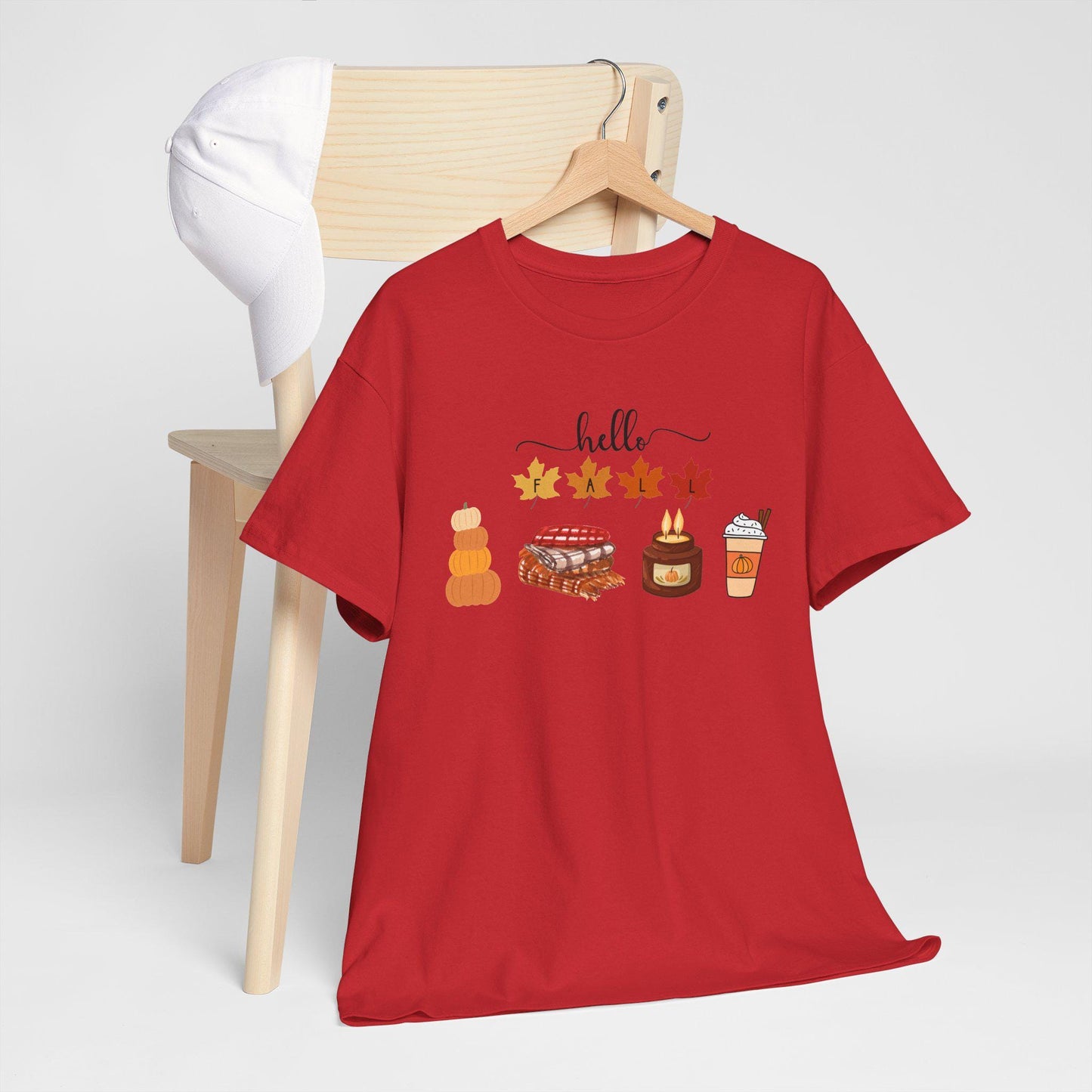 Hello Autumn Icons Tee, Pumpkin Pie, Maple Leaves, Hot Drink TShirt, Short Sleeve Female Top, Harvest Season Comfortable Cozy Fall Wear