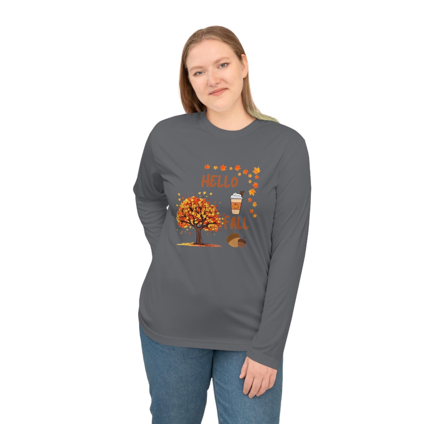 Unisex Hello Fall Long Sleeve Shirt, Autumn Tree & Pumpkin Spice Graphic, Harvest Couple Apparel, Women Cozy Season Wear, Pumpkin Theme