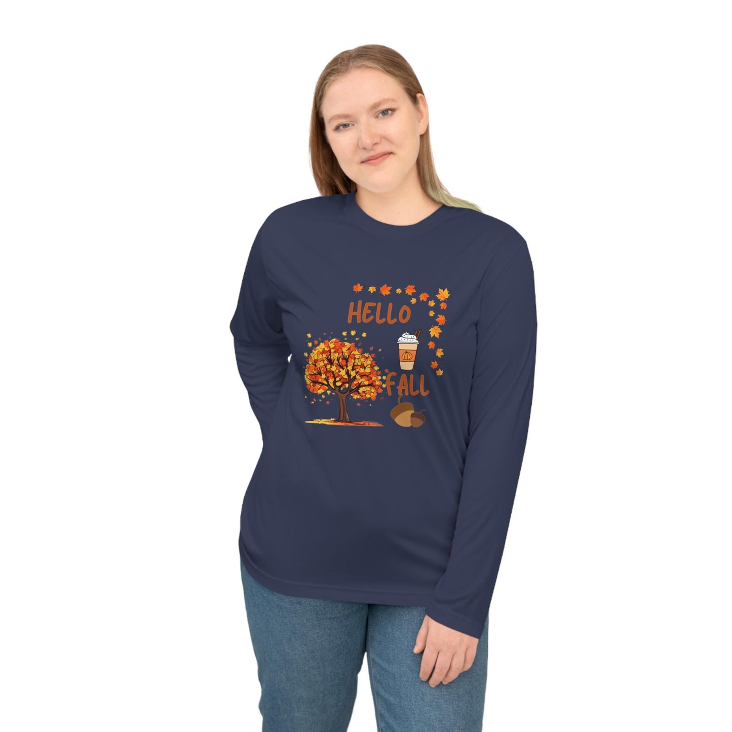 Unisex Hello Fall Long Sleeve Shirt, Autumn Tree & Pumpkin Spice Graphic, Harvest Couple Apparel, Women Cozy Season Wear, Pumpkin Theme