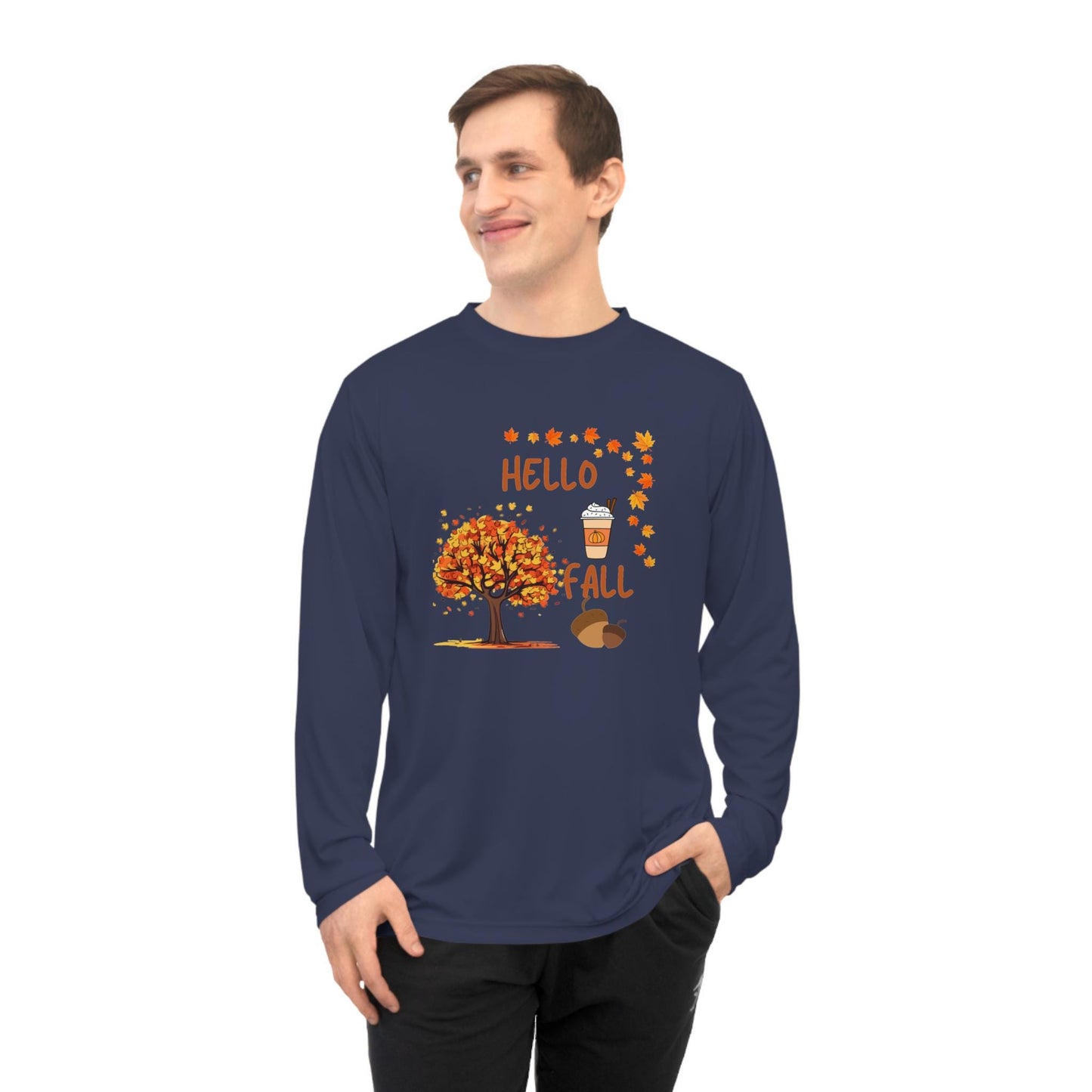 Unisex Hello Fall Long Sleeve Shirt, Autumn Tree & Pumpkin Spice Graphic, Harvest Couple Apparel, Women Cozy Season Wear, Pumpkin Theme