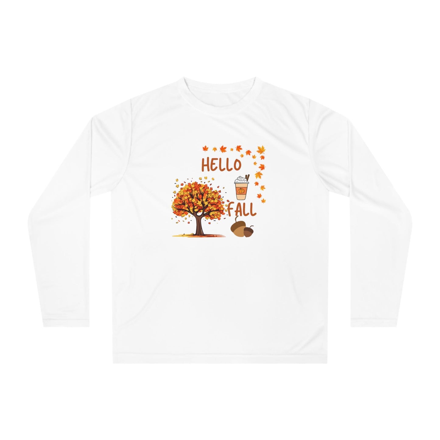 Unisex Hello Fall Long Sleeve Shirt, Autumn Tree & Pumpkin Spice Graphic, Harvest Couple Apparel, Women Cozy Season Wear, Pumpkin Theme