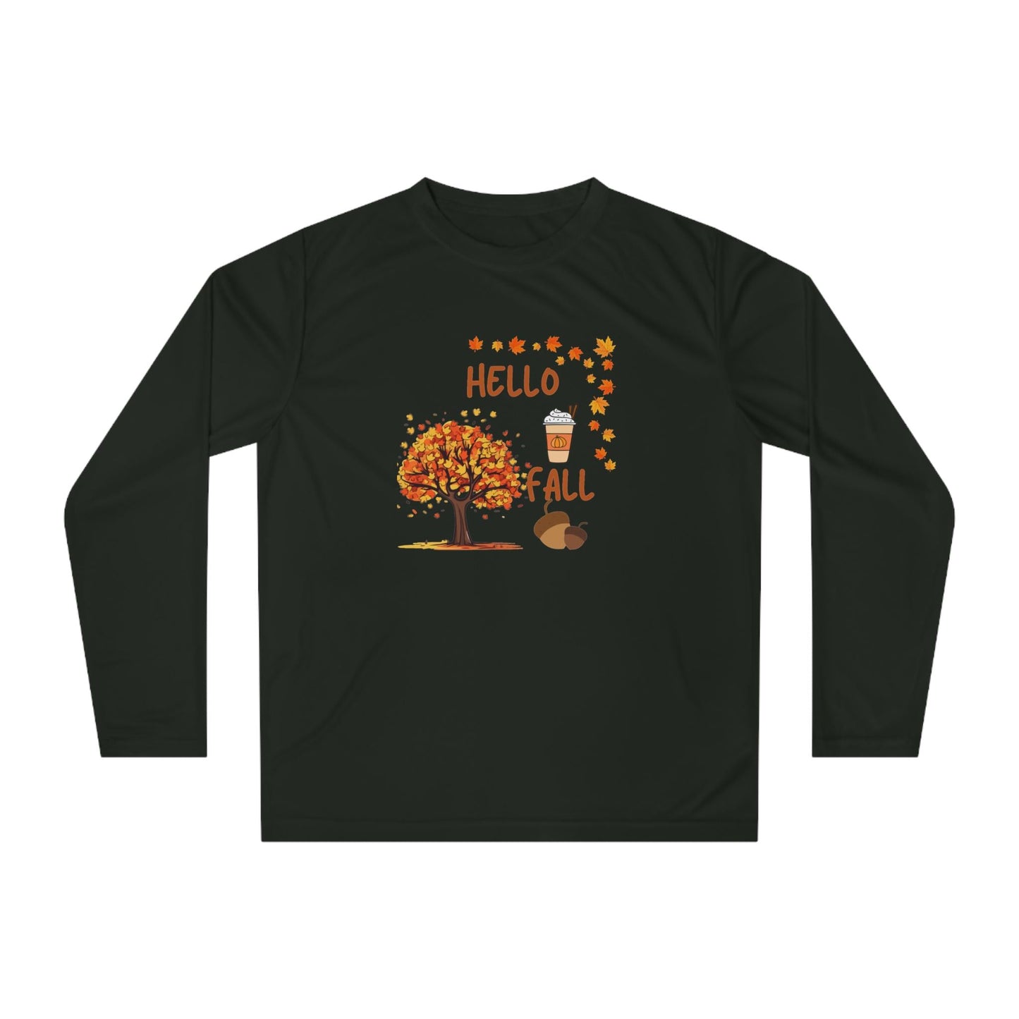 Unisex Hello Fall Long Sleeve Shirt, Autumn Tree & Pumpkin Spice Graphic, Harvest Couple Apparel, Women Cozy Season Wear, Pumpkin Theme