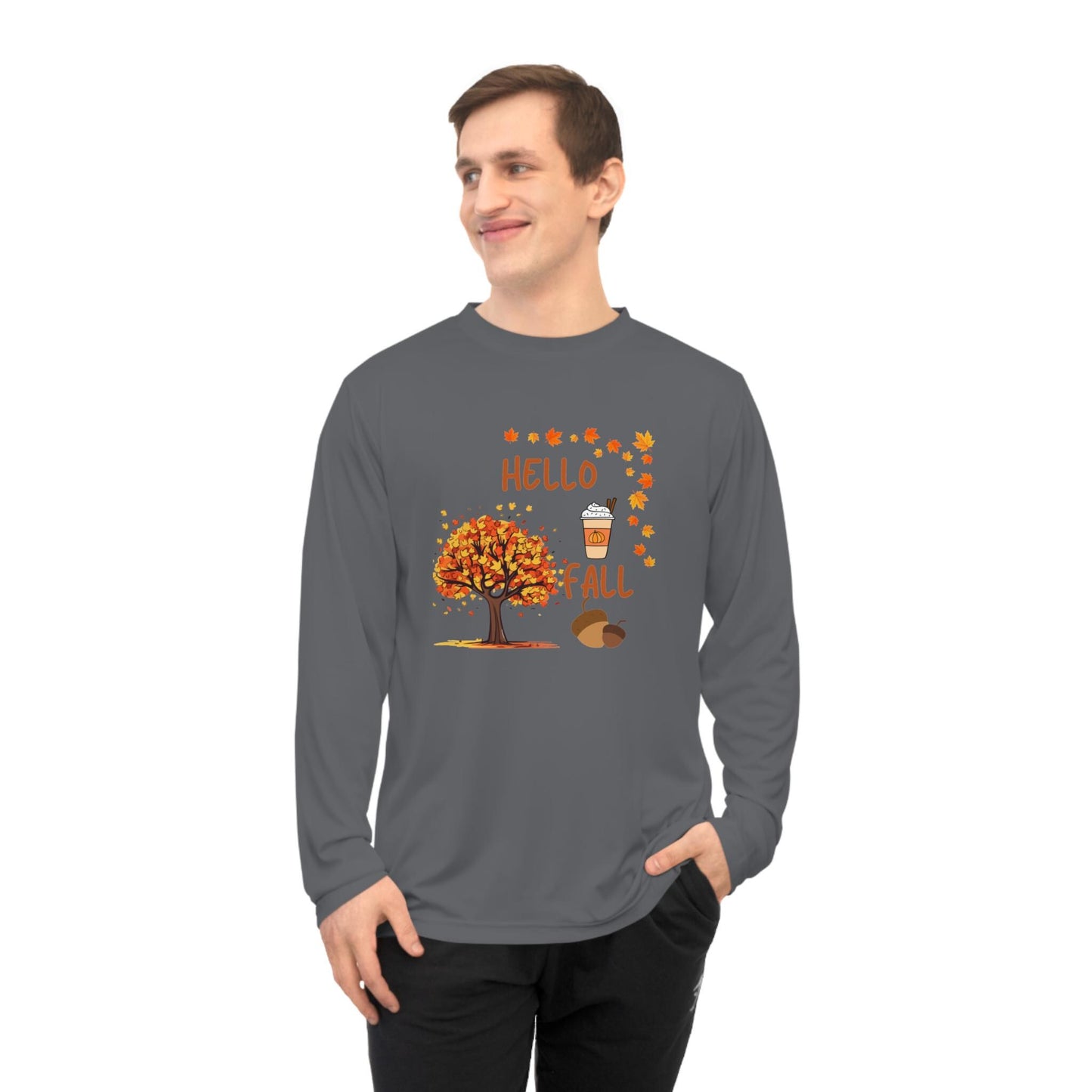 Unisex Hello Fall Long Sleeve Shirt, Autumn Tree & Pumpkin Spice Graphic, Harvest Couple Apparel, Women Cozy Season Wear, Pumpkin Theme