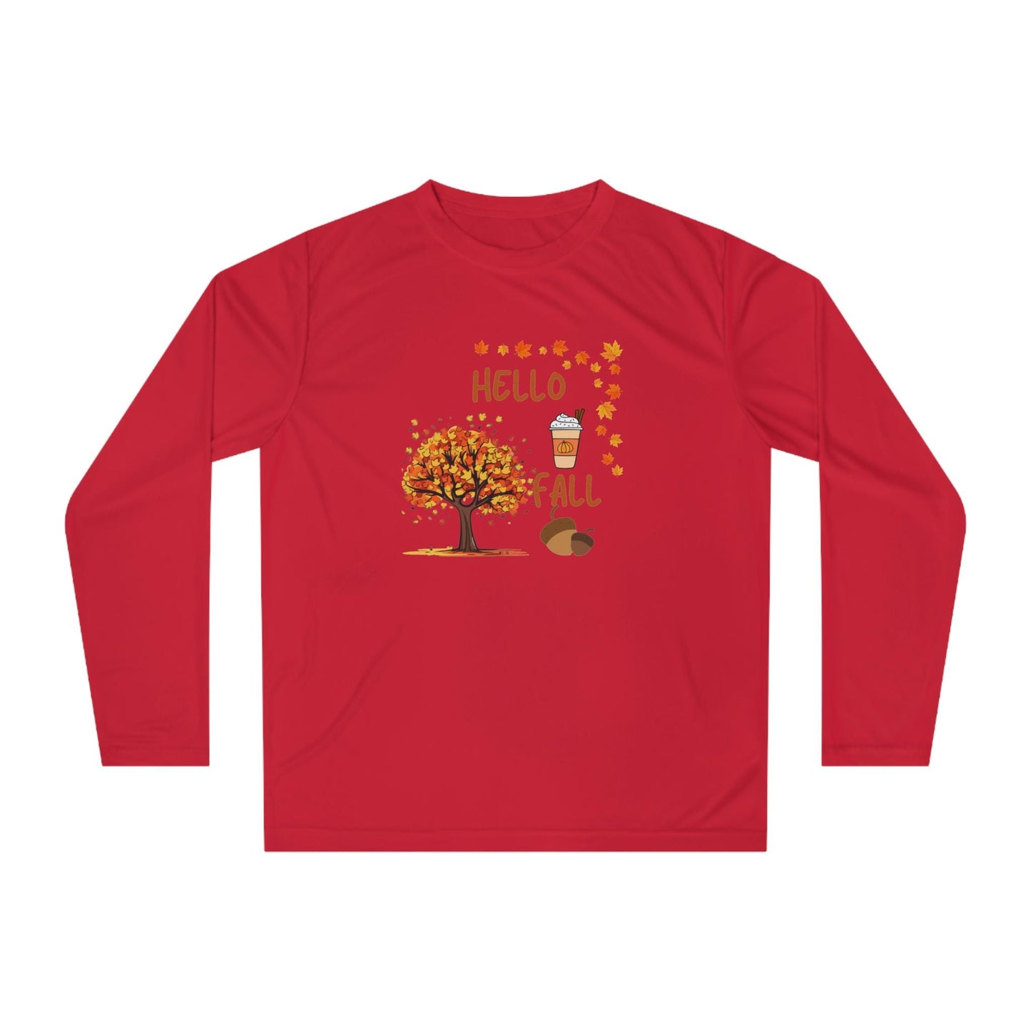 Unisex Hello Fall Long Sleeve Shirt, Autumn Tree & Pumpkin Spice Graphic, Harvest Couple Apparel, Women Cozy Season Wear, Pumpkin Theme