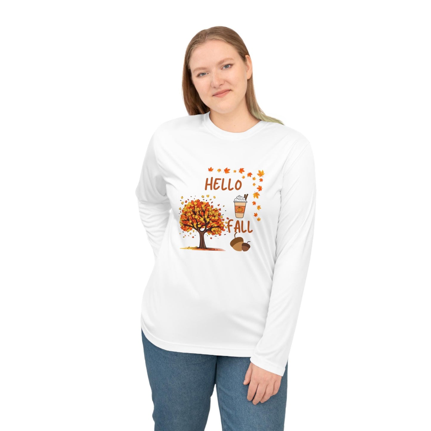 Unisex Hello Fall Long Sleeve Shirt, Autumn Tree & Pumpkin Spice Graphic, Harvest Couple Apparel, Women Cozy Season Wear, Pumpkin Theme