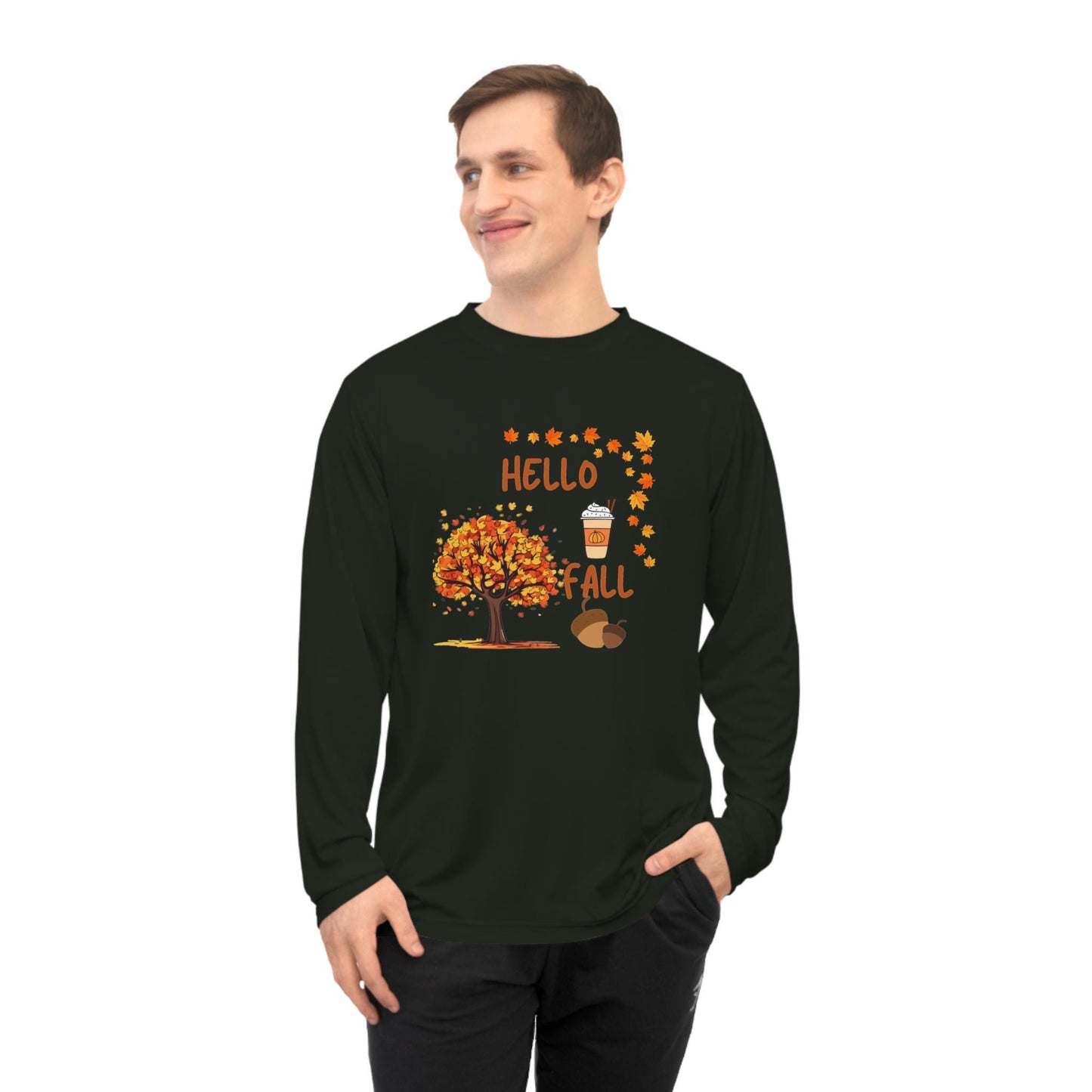Unisex Hello Fall Long Sleeve Shirt, Autumn Tree & Pumpkin Spice Graphic, Harvest Couple Apparel, Women Cozy Season Wear, Pumpkin Theme