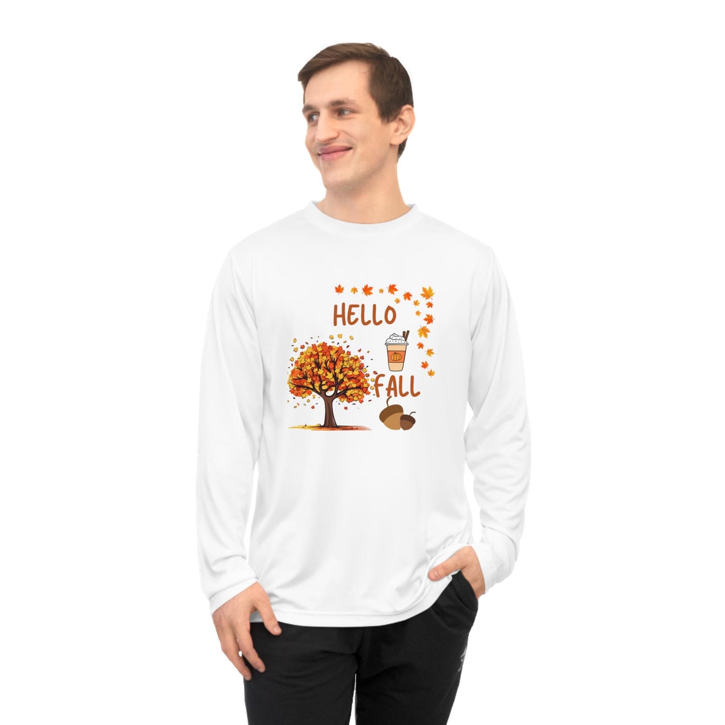 Unisex Hello Fall Long Sleeve Shirt, Autumn Tree & Pumpkin Spice Graphic, Harvest Couple Apparel, Women Cozy Season Wear, Pumpkin Theme