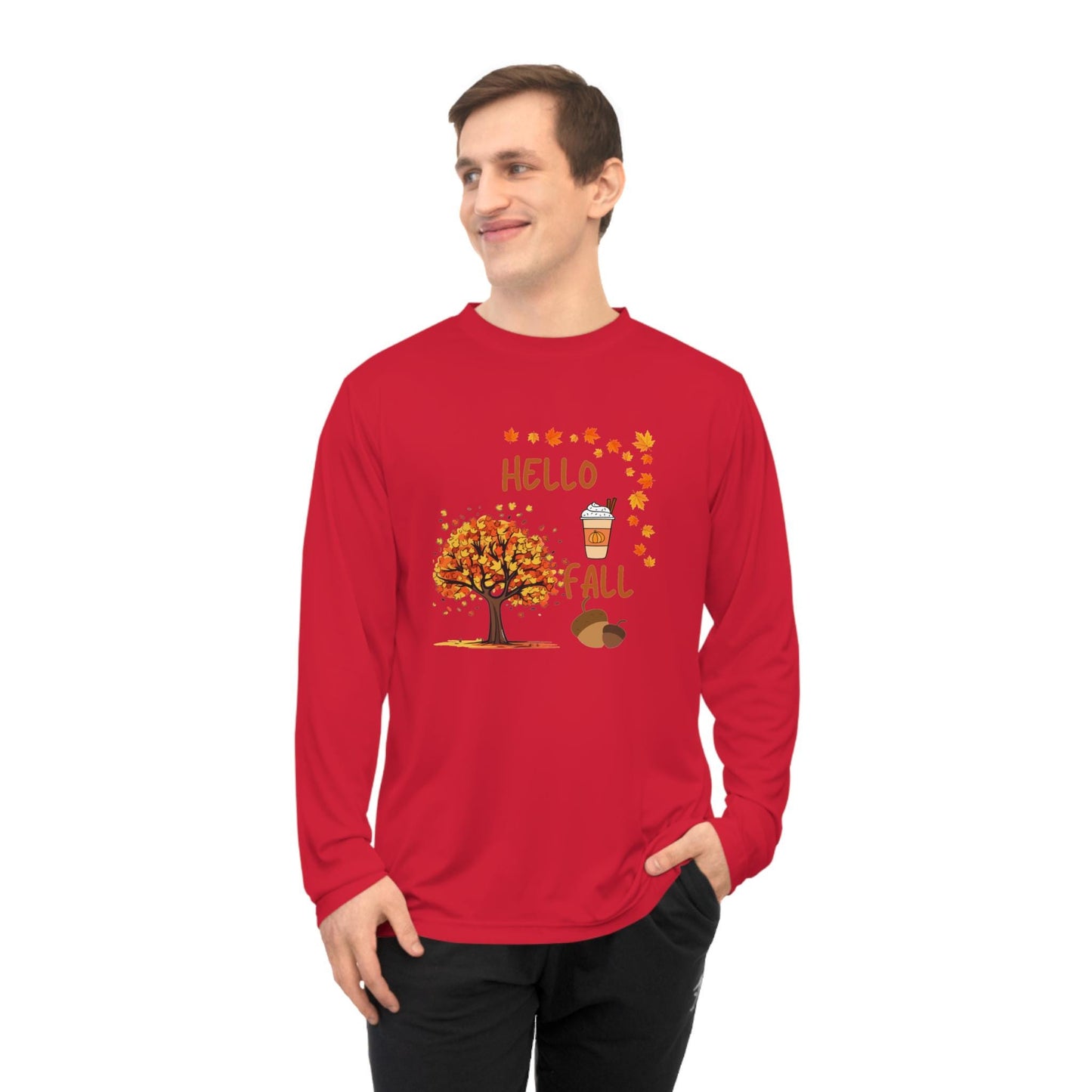 Unisex Hello Fall Long Sleeve Shirt, Autumn Tree & Pumpkin Spice Graphic, Harvest Couple Apparel, Women Cozy Season Wear, Pumpkin Theme