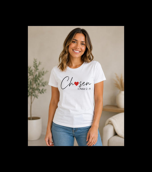 Women's comfortable Chosen Tee -Christian Scripture T-Shirt Graphic (1 Peter 2:9), Godly Theme Apparel Wear, Religious Theme Attire Lady