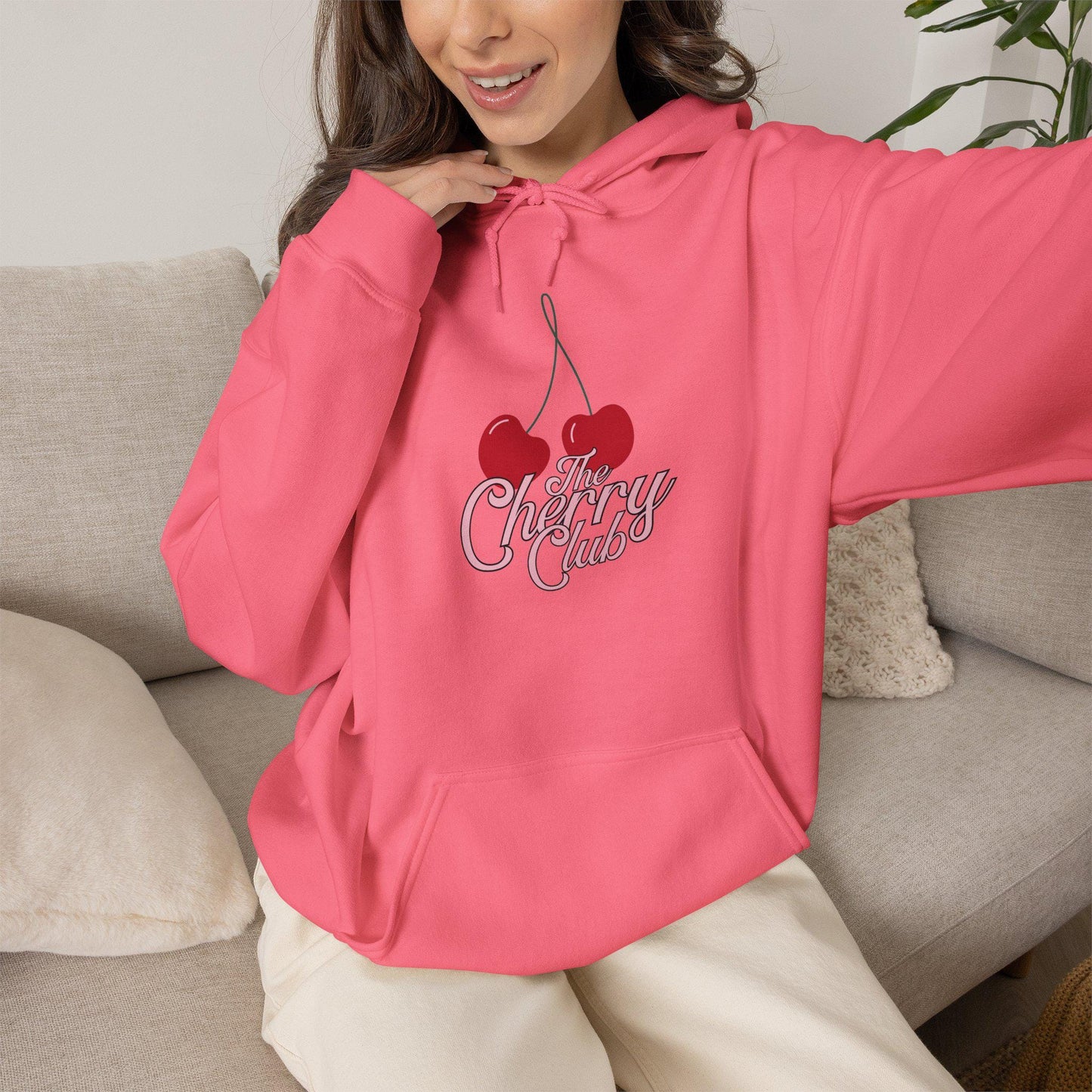 Women's Teen Female Cherry Crush Hoodie, Cute Retro Script Cherry Graphic Pullover, Oversized Vintage Apparel, Aesthetic Weather Sweather