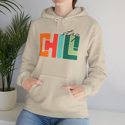 Unisex Adult Chill Graphic Hoodie Colorblock 'Stay Chill' Retro Pullover, Teacher Sweatshirt, Male Female Teen Boy Girl Cozy School Apparel