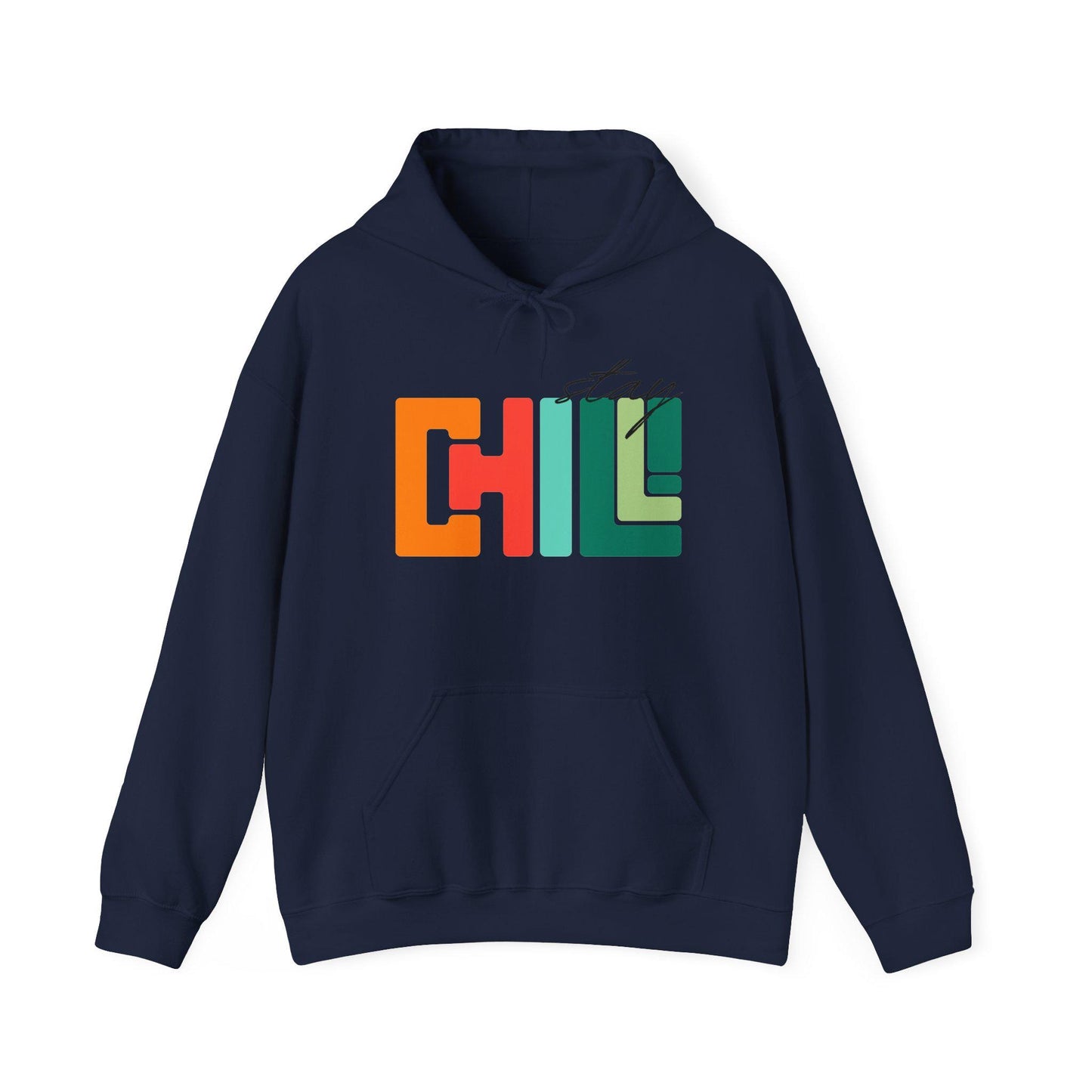 Unisex Adult Chill Graphic Hoodie Colorblock 'Stay Chill' Retro Pullover, Teacher Sweatshirt, Male Female Teen Boy Girl Cozy School Apparel