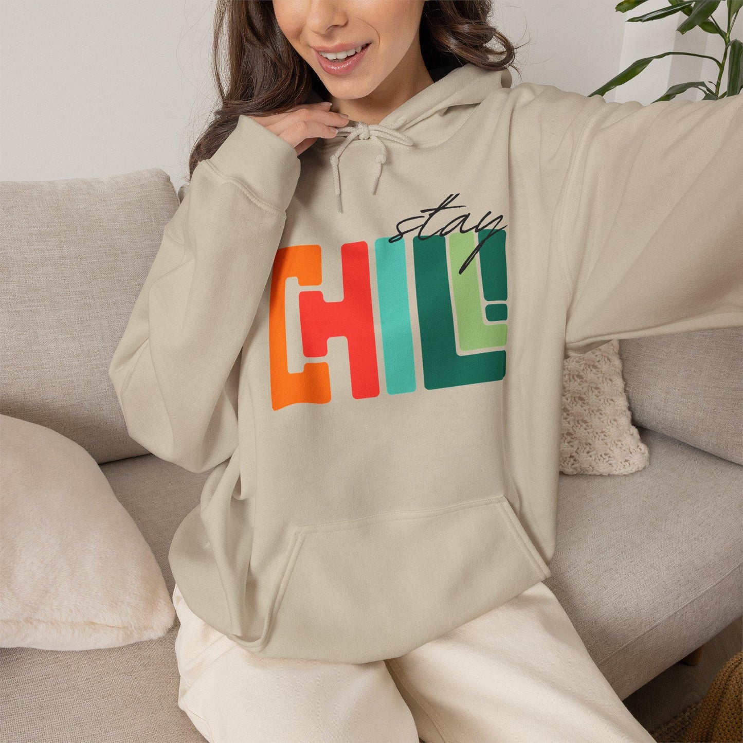 Unisex Adult Chill Graphic Hoodie Colorblock 'Stay Chill' Retro Pullover, Teacher Sweatshirt, Male Female Teen Boy Girl Cozy School Apparel