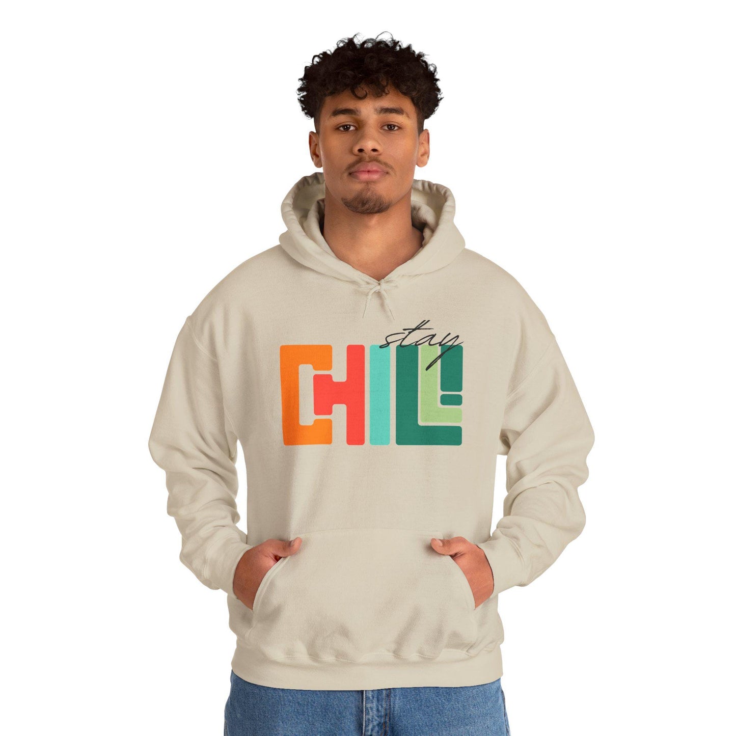 Unisex Adult Chill Graphic Hoodie Colorblock 'Stay Chill' Retro Pullover, Teacher Sweatshirt, Male Female Teen Boy Girl Cozy School Apparel