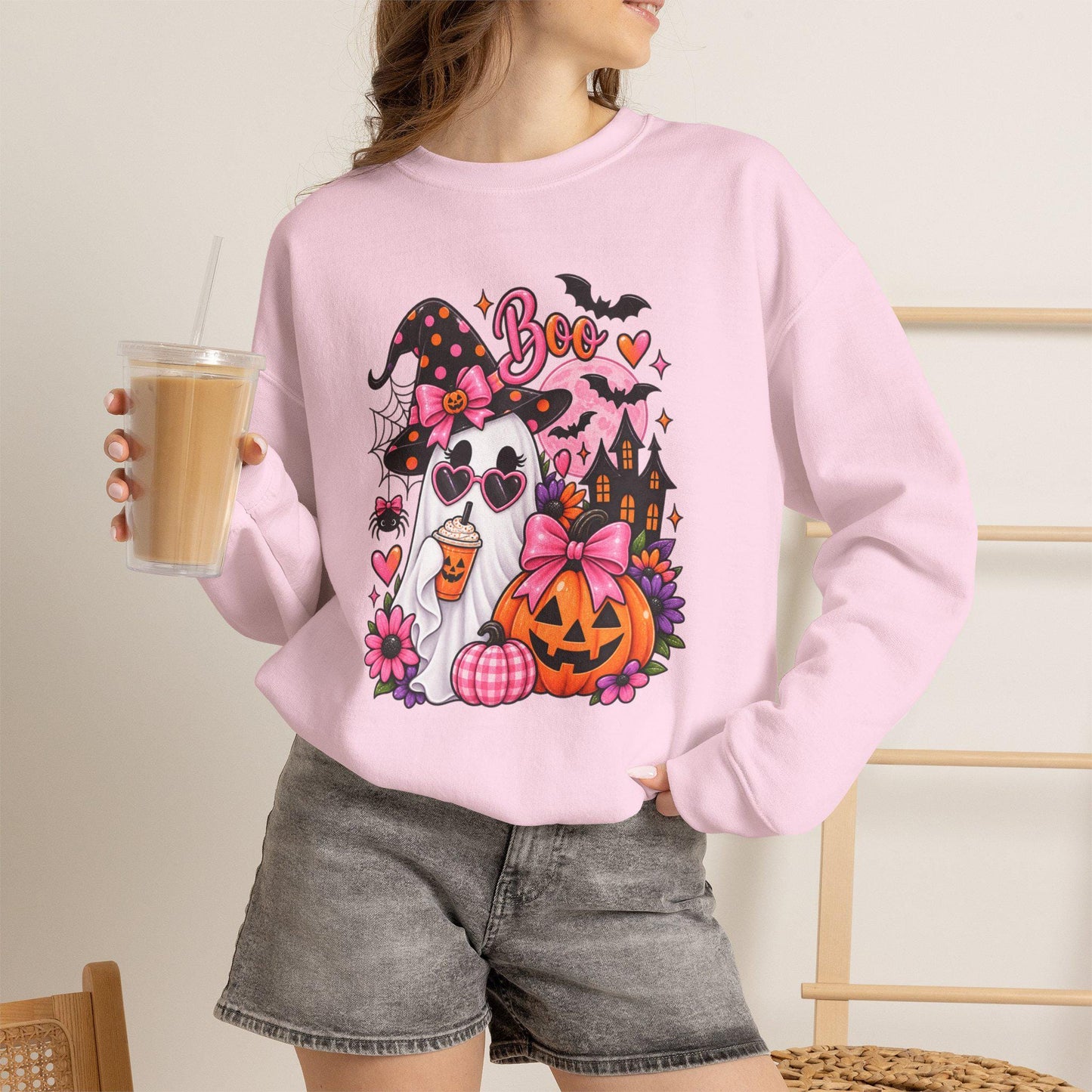 Cute Ghost Witch Halloween Sweatshirt | Harvest Pumpkin Season, Mom Women Teen Female Harvest Season Apparel, Oversized Pullover for Fall