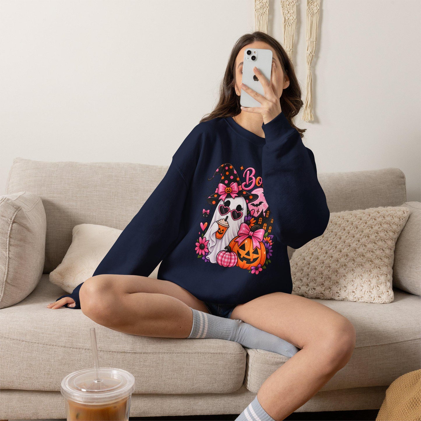Cute Ghost Witch Halloween Sweatshirt | Harvest Pumpkin Season, Mom Women Teen Female Harvest Season Apparel, Oversized Pullover for Fall