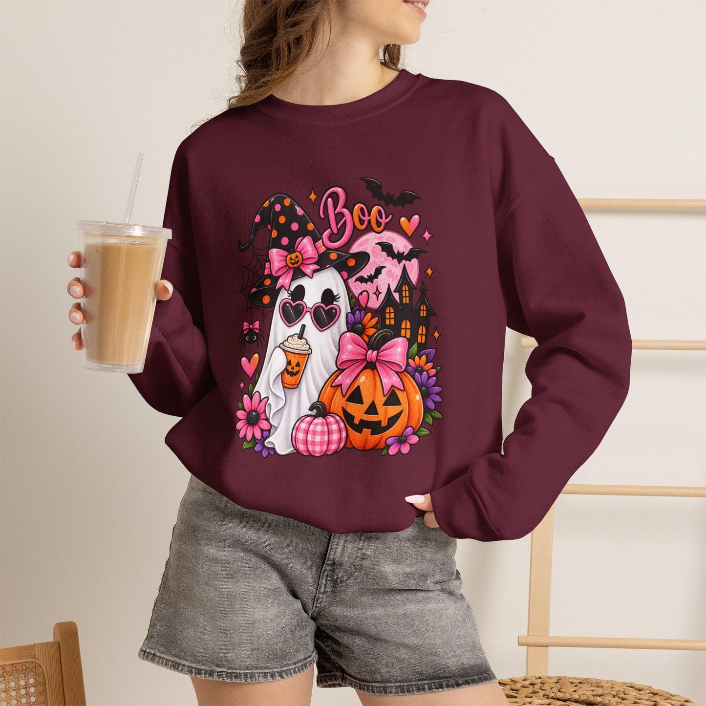 Cute Ghost Witch Halloween Sweatshirt | Harvest Pumpkin Season, Mom Women Teen Female Harvest Season Apparel, Oversized Pullover for Fall