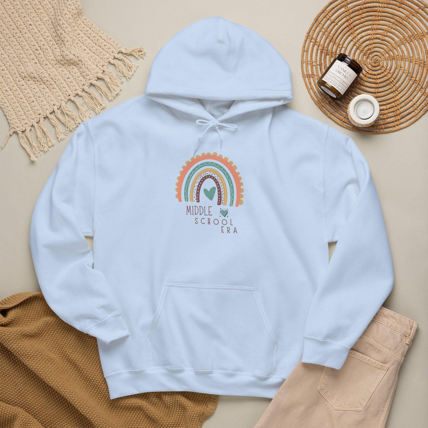 Middle School Boho Rainbow Heart Hoodie gifted | Cozy Pastel Rainbow Sweatshirt | Youthful and Children | Teen Pullover Era