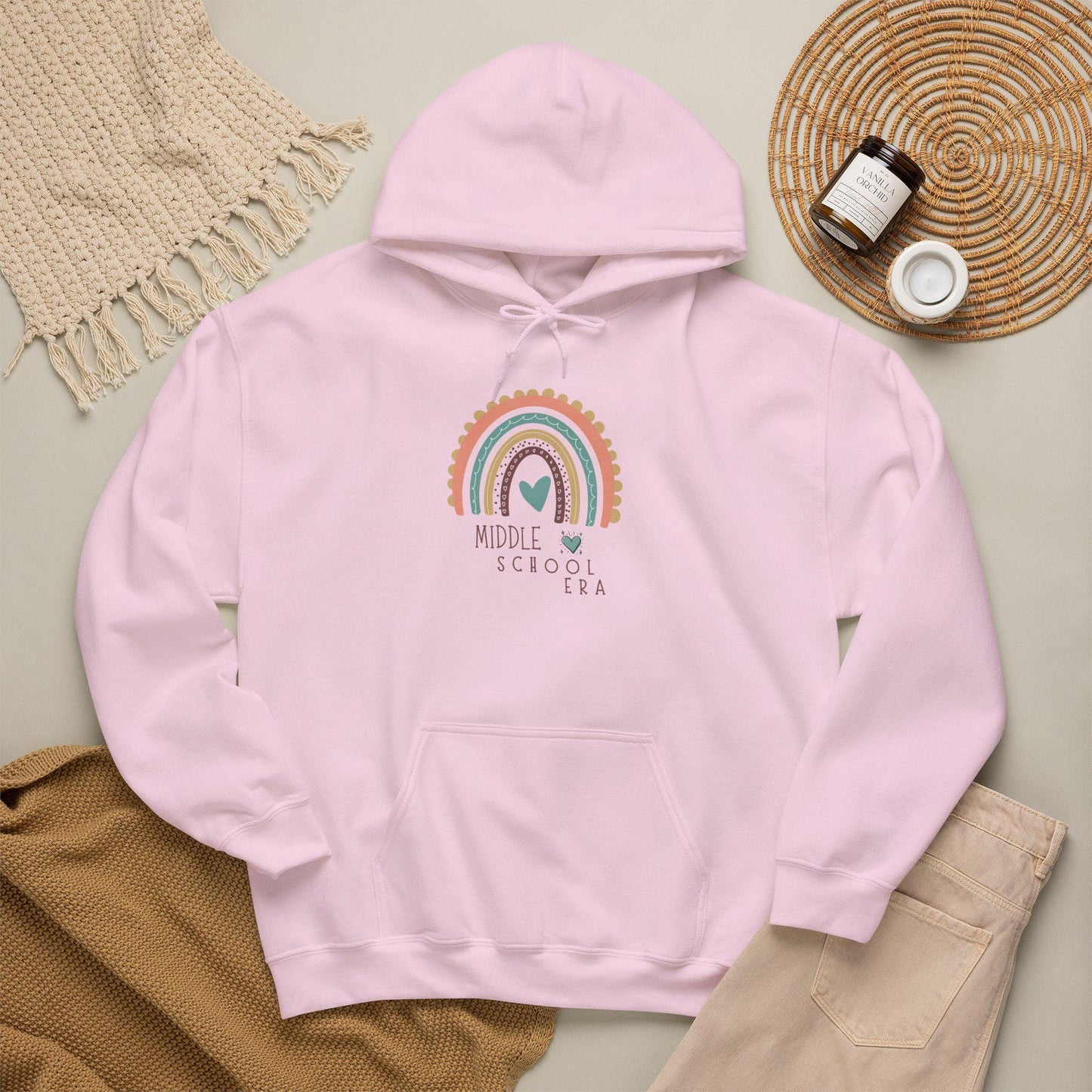 Middle School Boho Rainbow Heart Hoodie gifted | Cozy Pastel Rainbow Sweatshirt | Youthful and Children | Teen Pullover Era
